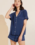 Model is wearing Gisele Relaxed Short PJ in Navy/Ivory