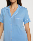 Model is wearing Gisele TENCEL™ Modal Shortie Short PJ Set in Summer Blue/White