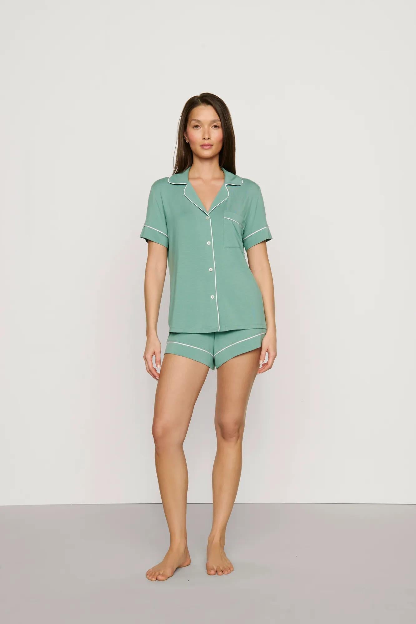 Model is wearing Gisele TENCEL™ Modal Relaxed Short PJ Set in Seagrass/White