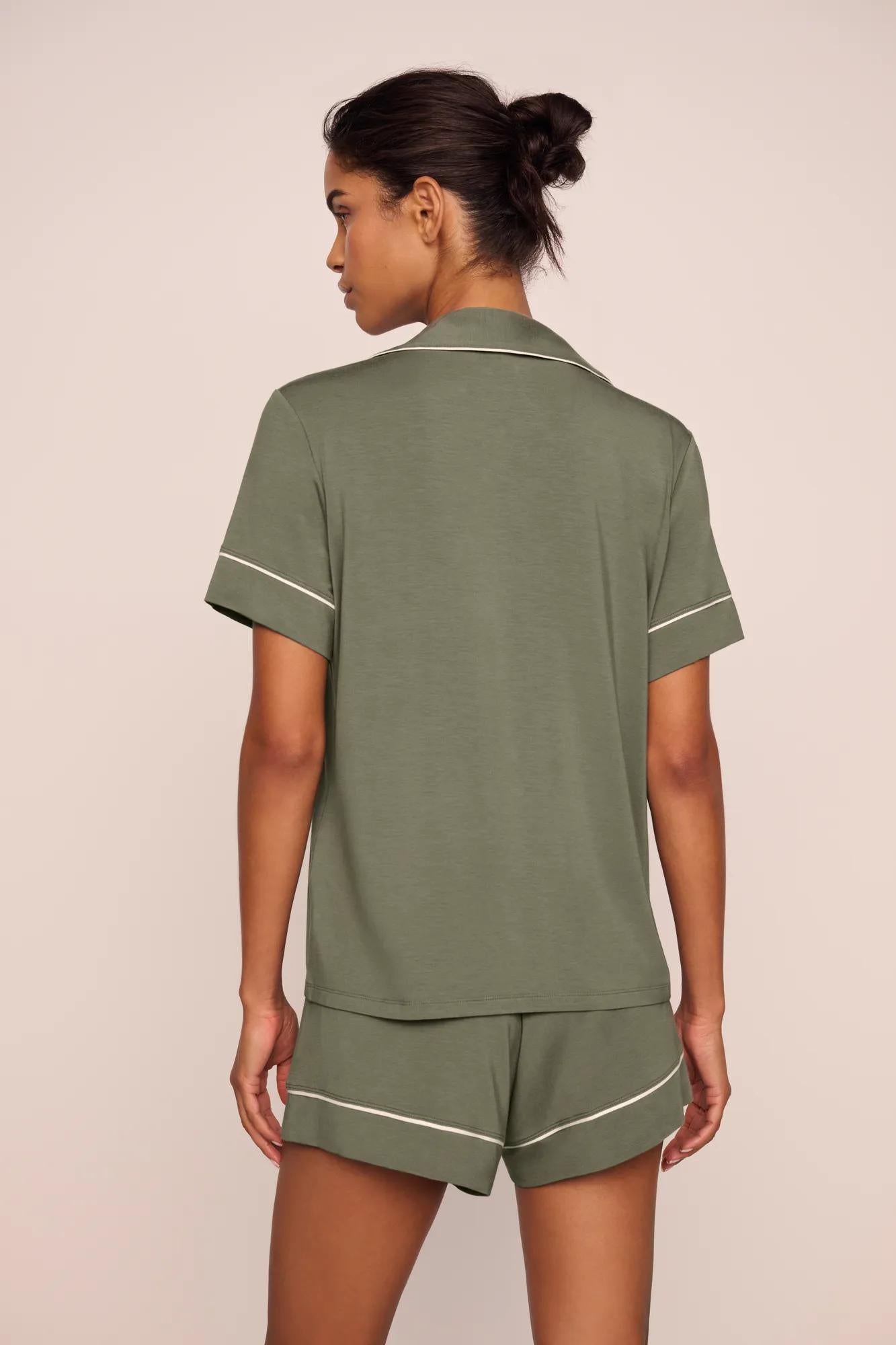 Model is wearing Gisele TENCEL™ Modal Relaxed Short PJ Set  in Smokey Olive/Ivory