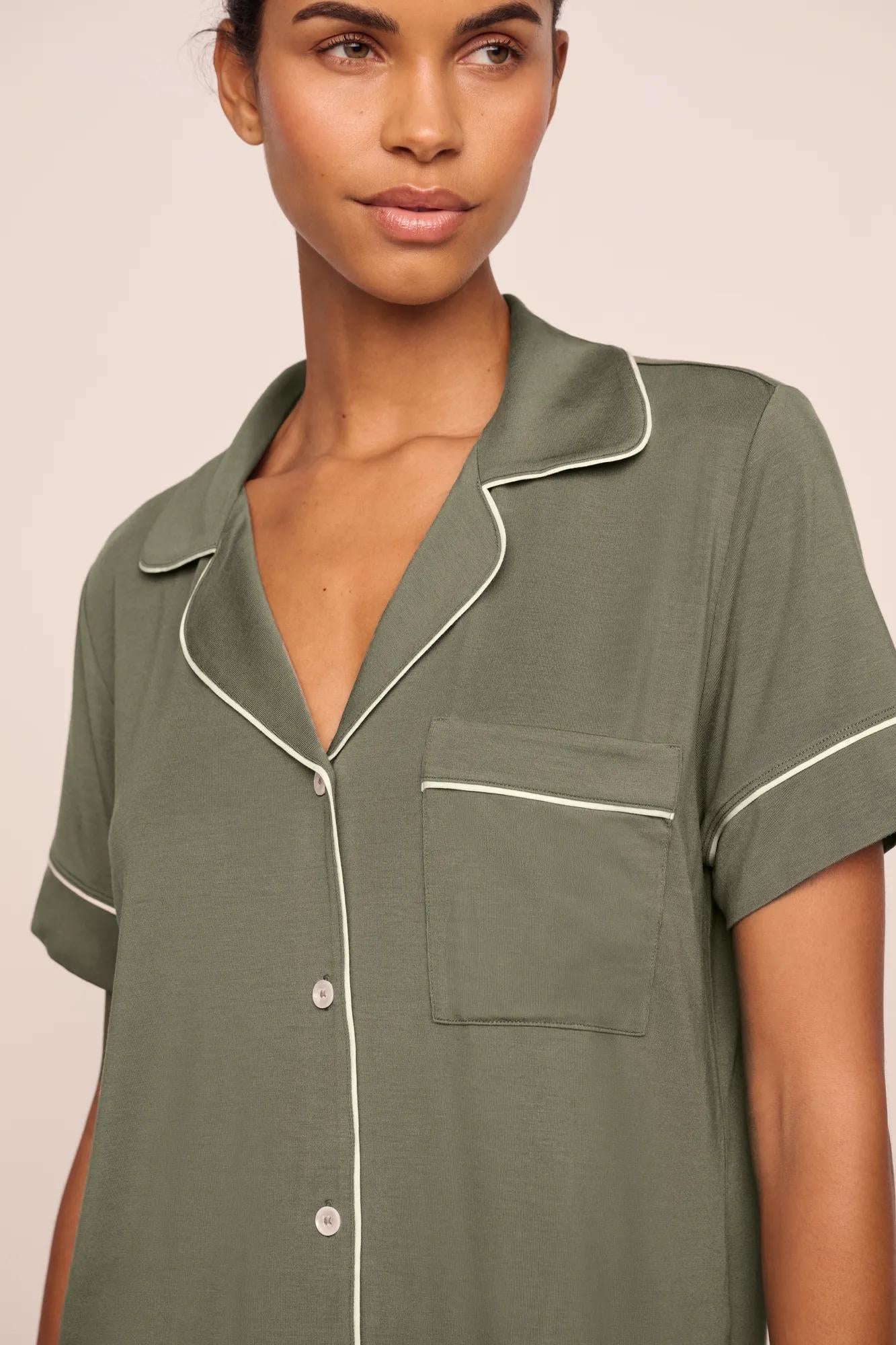 Model is wearing Gisele TENCEL™ Modal Relaxed Short PJ Set  in Smokey Olive/Ivory