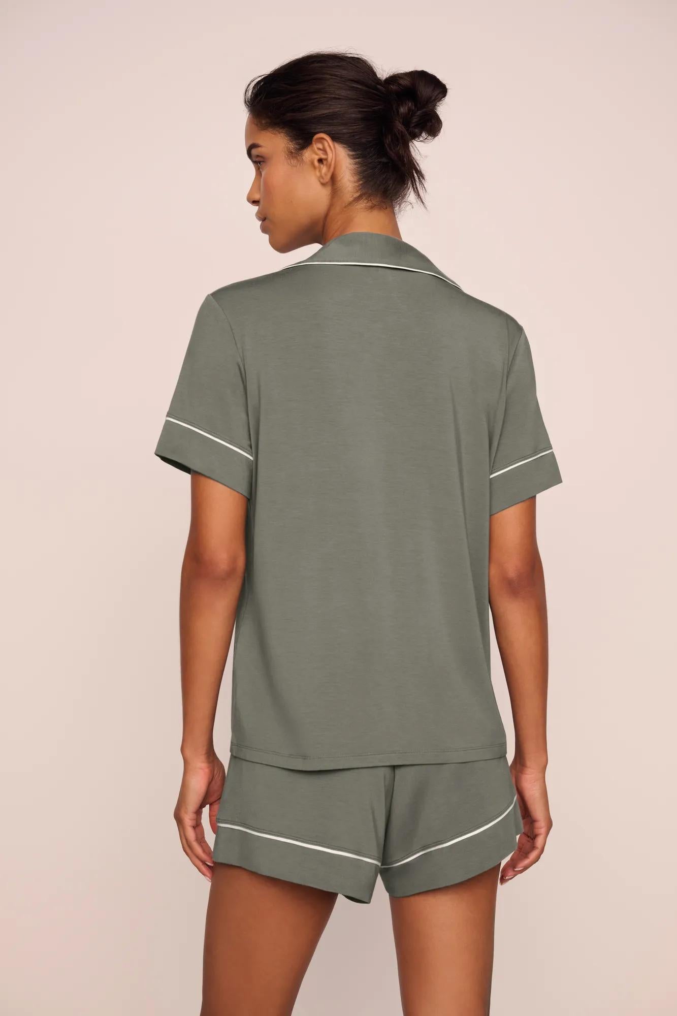 Model is wearing Gisele TENCEL™ Modal Relaxed Short PJ Set  in Smokey Olive/Ivory