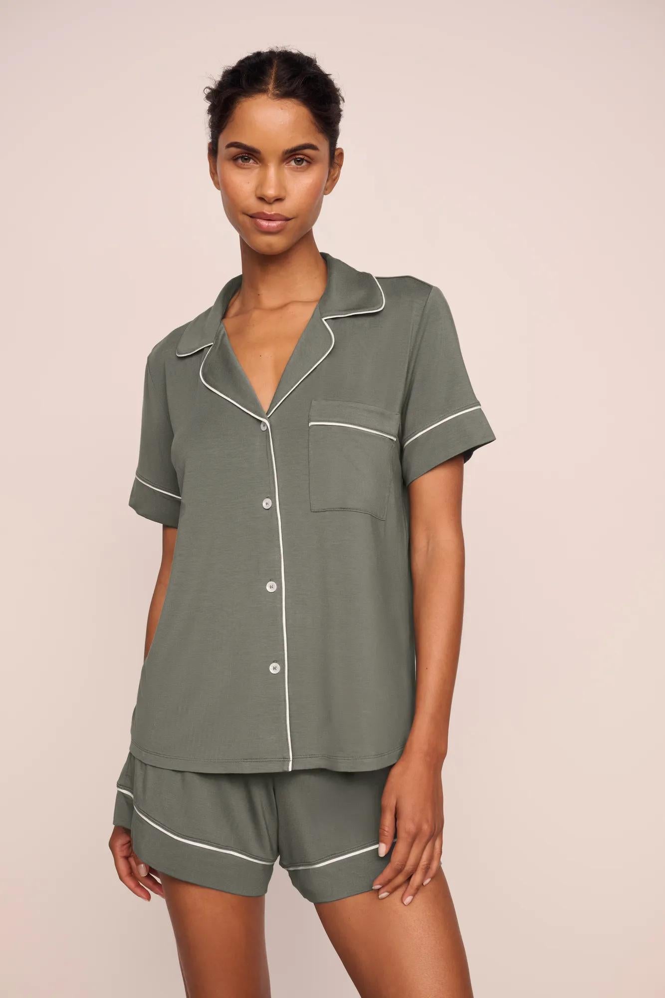 Model is wearing Gisele TENCEL™ Modal Relaxed Short PJ Set  in Smokey Olive/Ivory