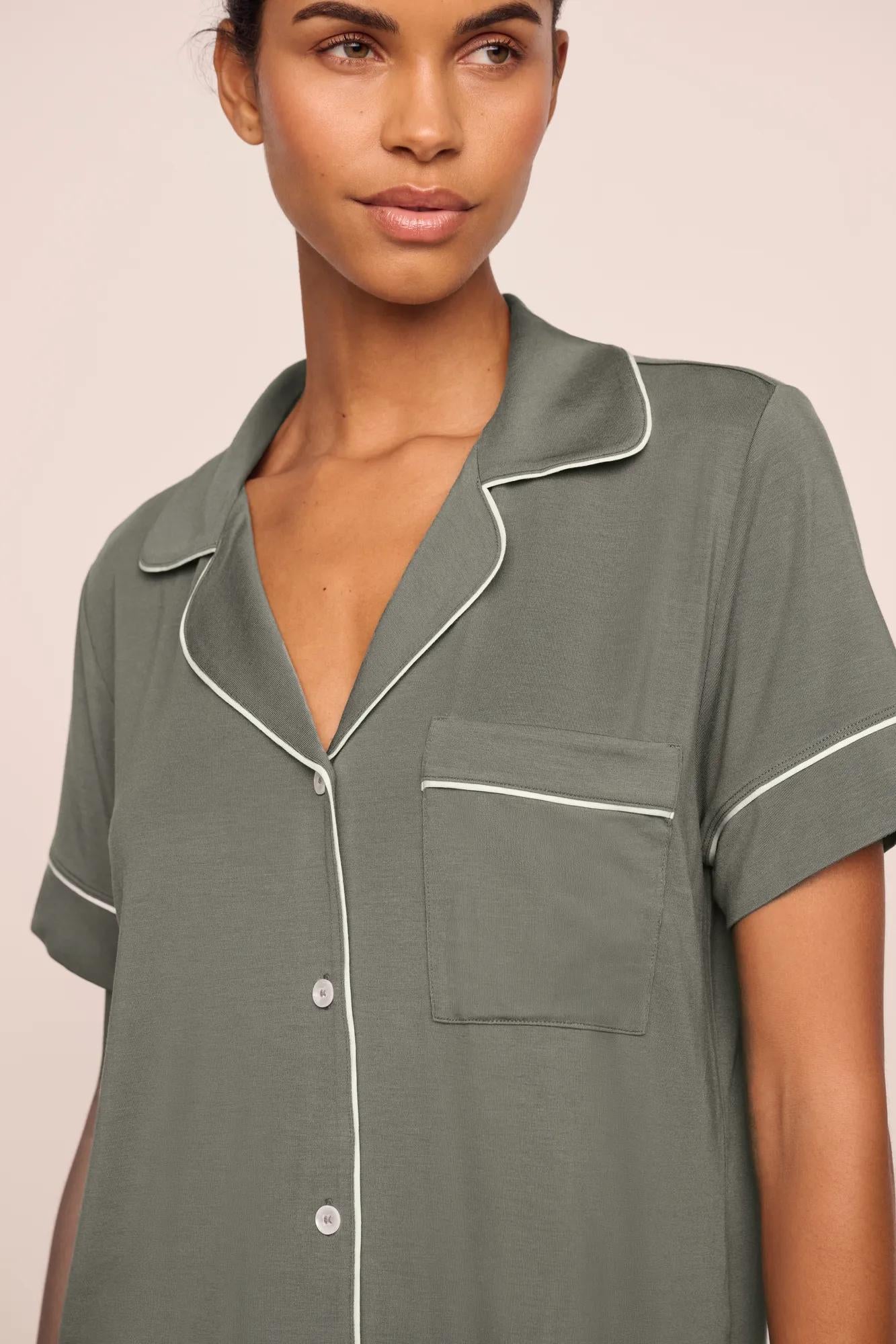 Model is wearing Gisele TENCEL™ Modal Relaxed Short PJ Set  in Smokey Olive/Ivory