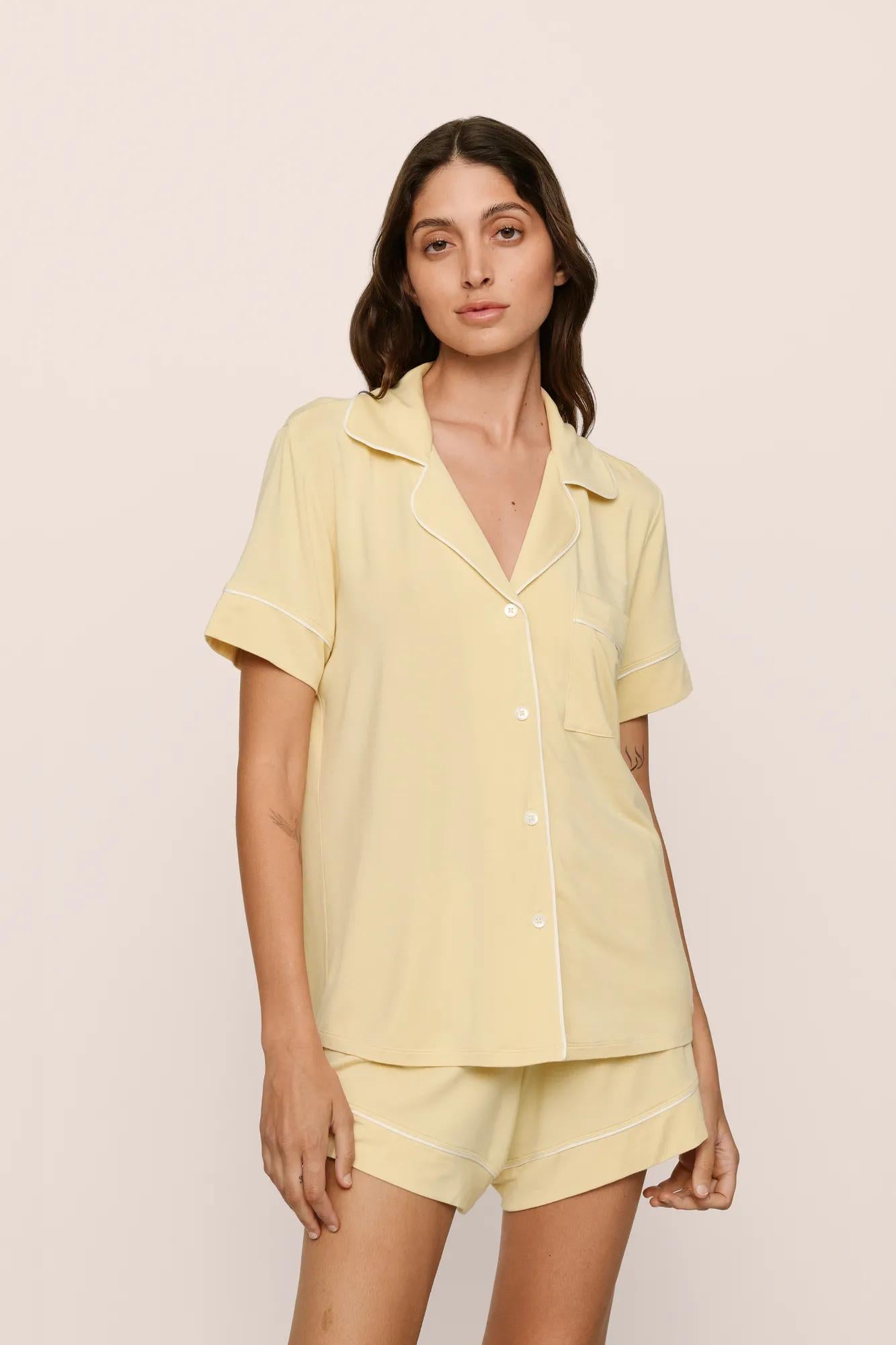 Model is wearing Gisele TENCEL™ Modal Relaxed Short PJ Set in  Sunrise/Ivory