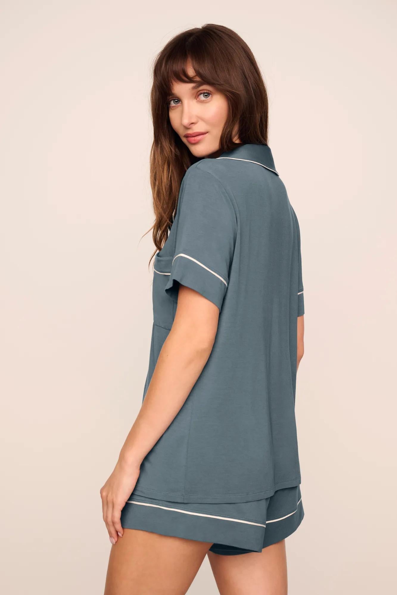 Model is wearing Gisele TENCEL™ Modal Relaxed Short PJ Set  in  Stone Blue/Ivory
