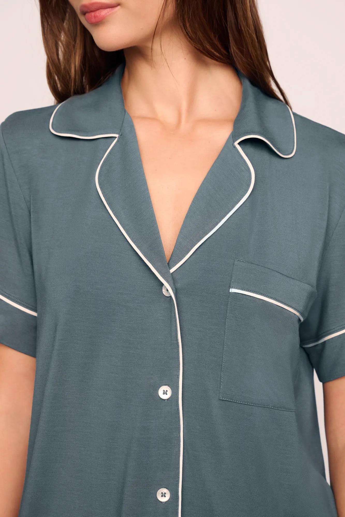 Model is wearing Gisele TENCEL™ Modal Relaxed Short PJ Set  in  Stone Blue/Ivory