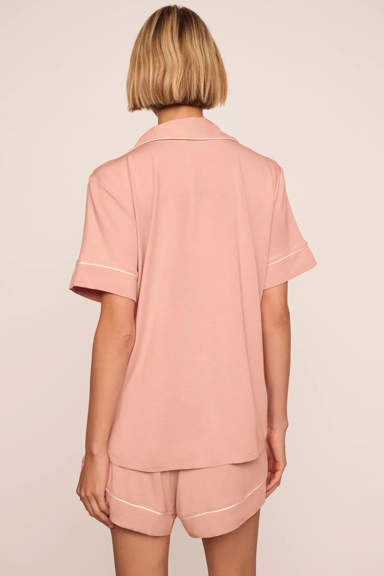 Model is wearing Gisele TENCEL™ Modal Relaxed Short PJ Set  in Velvet Pink/Ivory