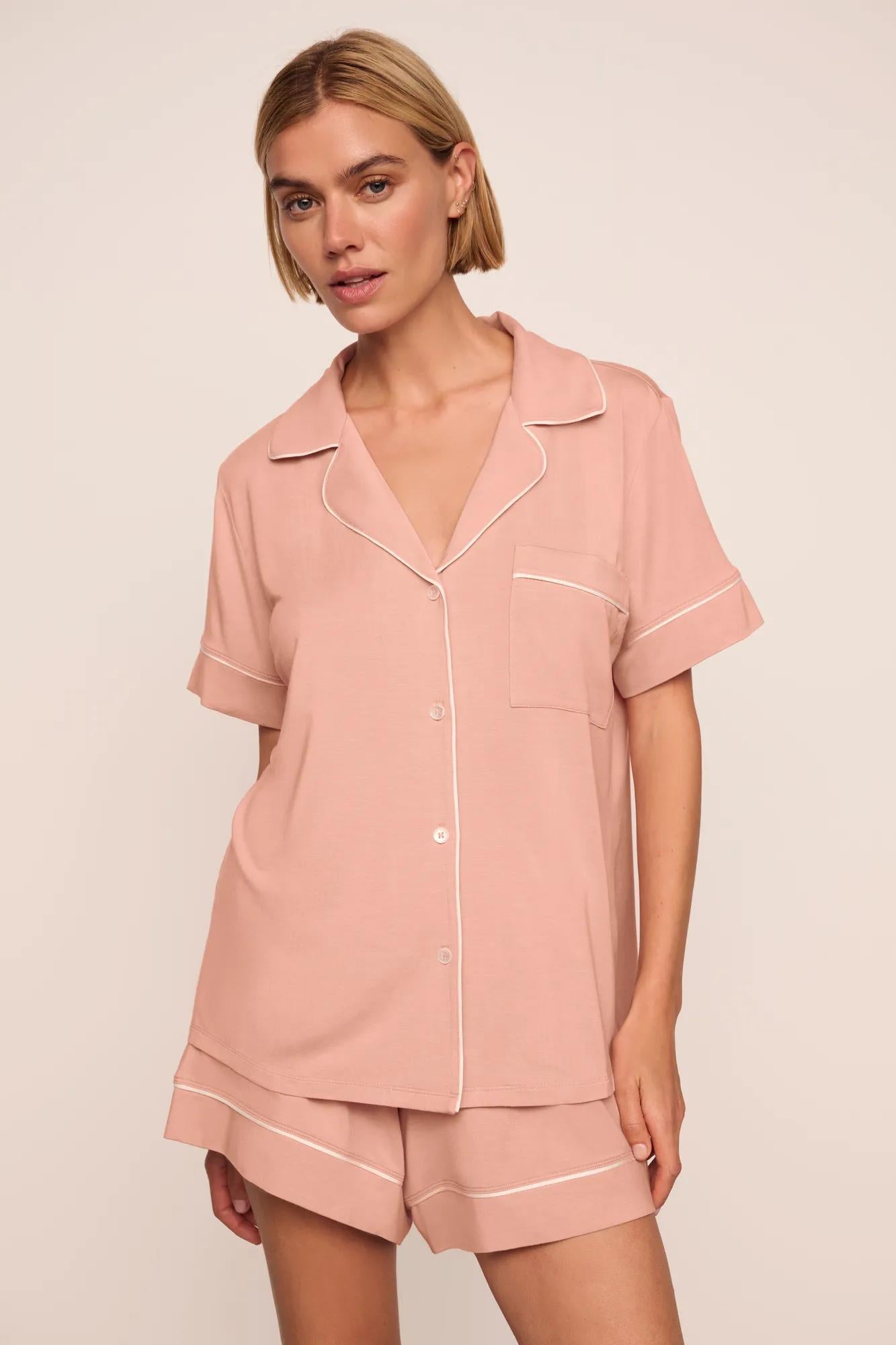 Model is wearing Gisele TENCEL™ Modal Relaxed Short PJ Set  in Velvet Pink/Ivory