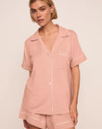 Model is wearing Gisele TENCEL™ Modal Relaxed Short PJ Set  in Velvet Pink/Ivory