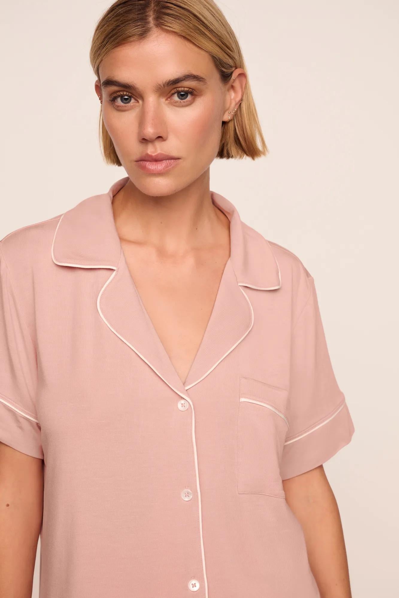 Model is wearing Gisele TENCEL™ Modal Relaxed Short PJ Set  in Velvet Pink/Ivory