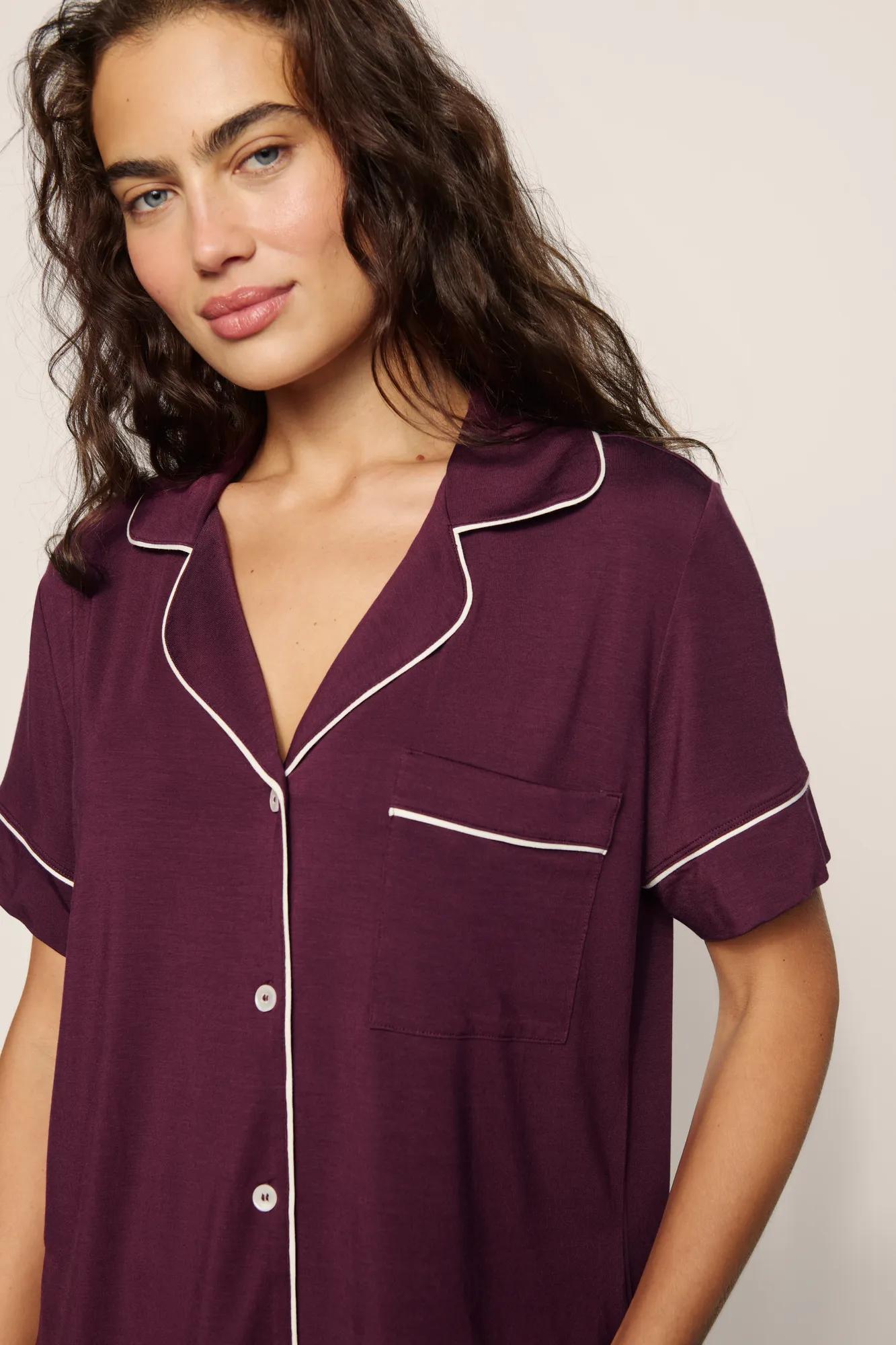 Model is wearing Gisele TENCEL™ Modal Relaxed Short PJ Set in Wildberry/Ivory