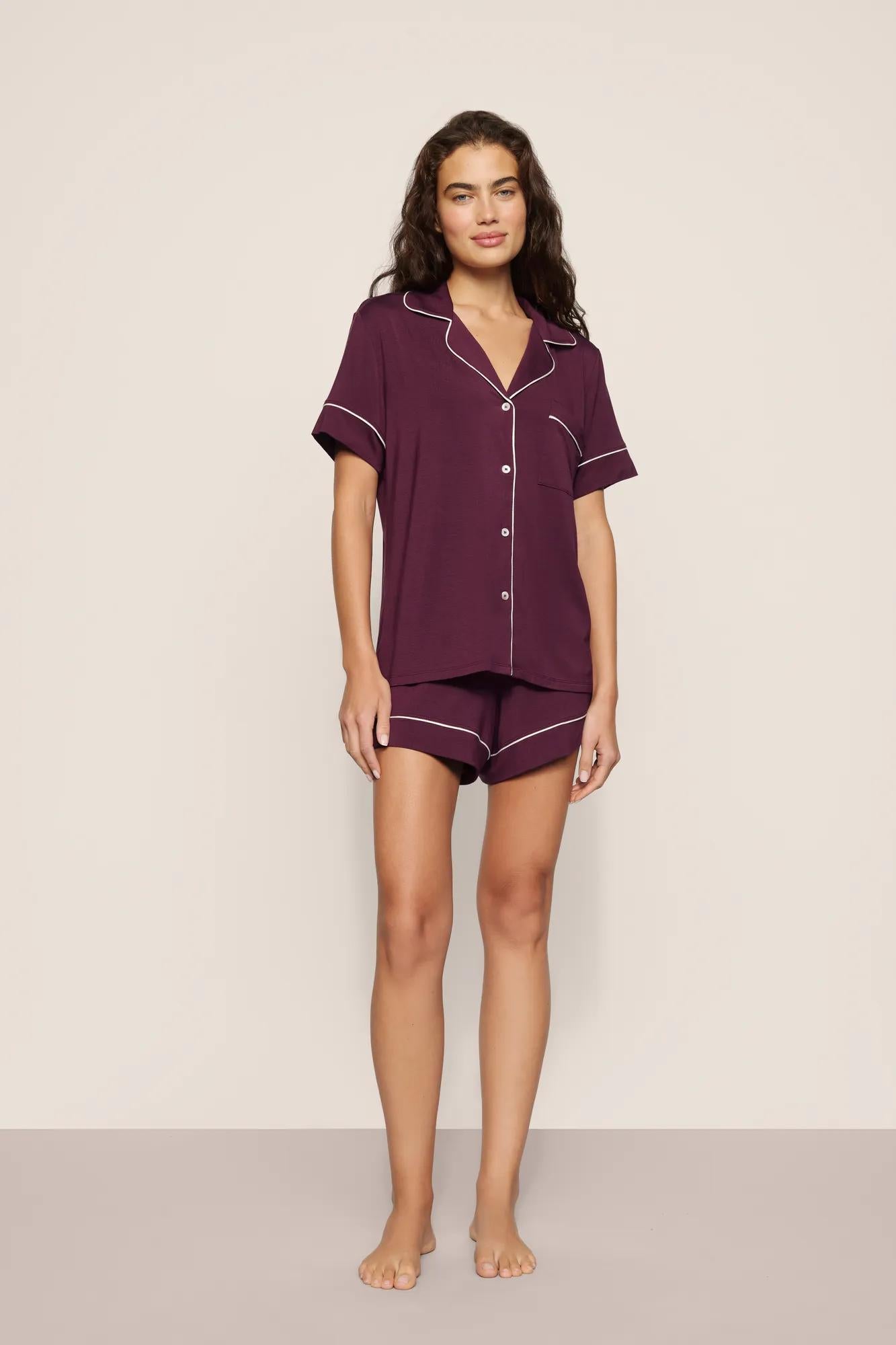 Model is wearing Gisele TENCEL™ Modal Relaxed Short PJ Set in Wildberry/Ivory