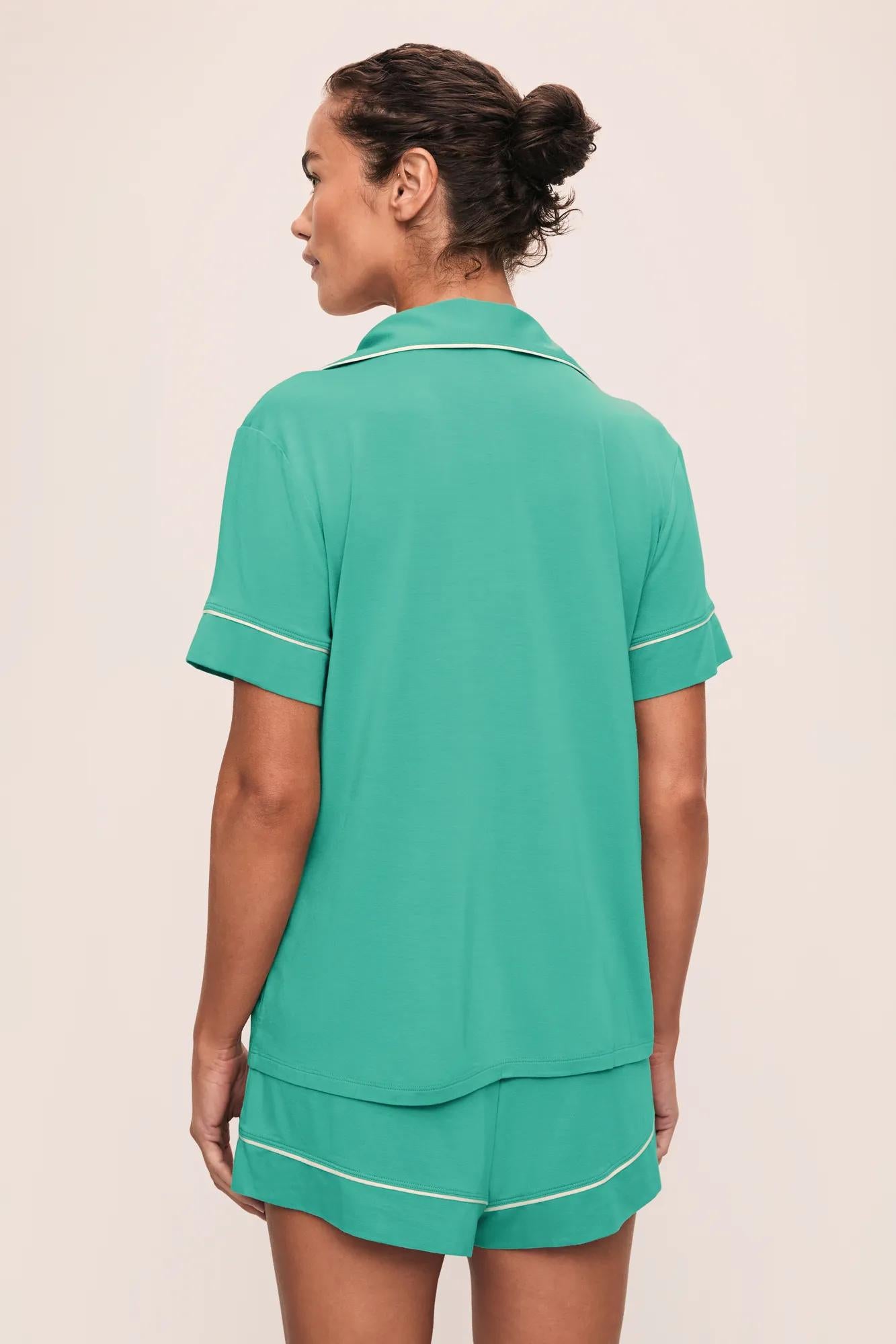 Model is wearing Gisele TENCEL™ Modal Relaxed Short PJ Set in  Oasis Green/White