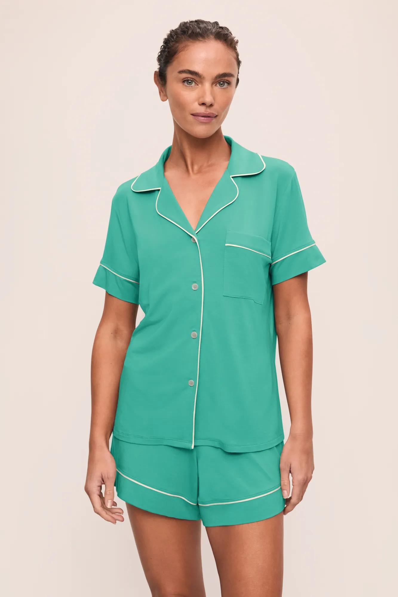 Model is wearing Gisele TENCEL™ Modal Relaxed Short PJ Set in  Oasis Green/White