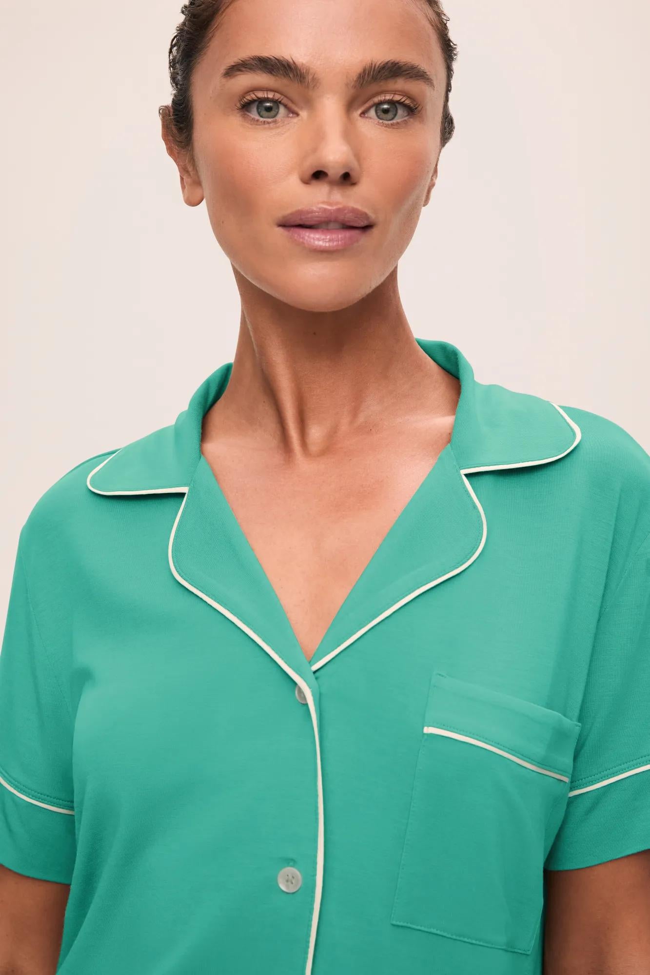 Model is wearing Gisele TENCEL™ Modal Relaxed Short PJ Set in  Oasis Green/White