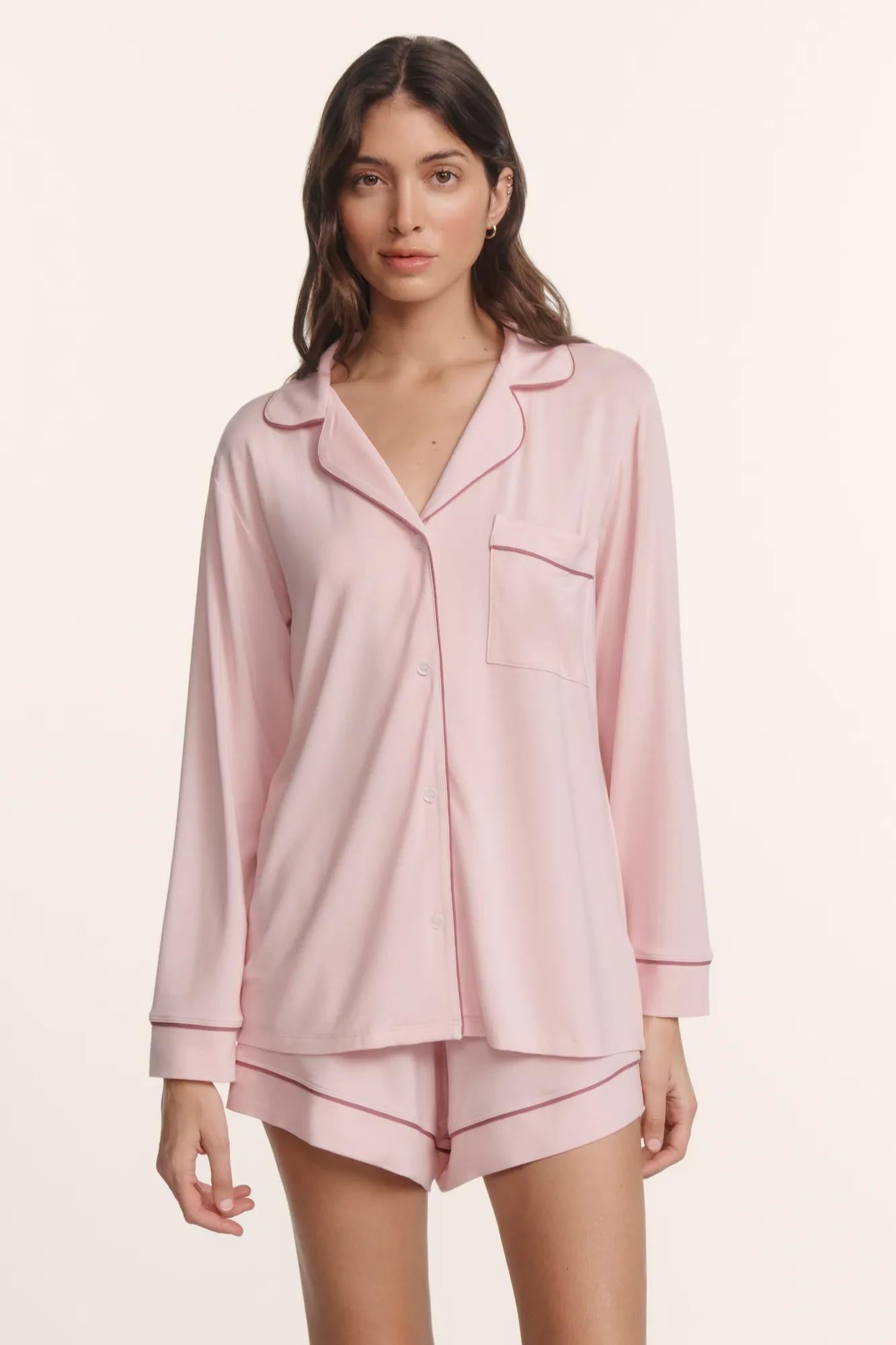Model is wearing Gisele TENCEL™ Modal Long Sleeve Short PJ Set in Pale Pink/Fig