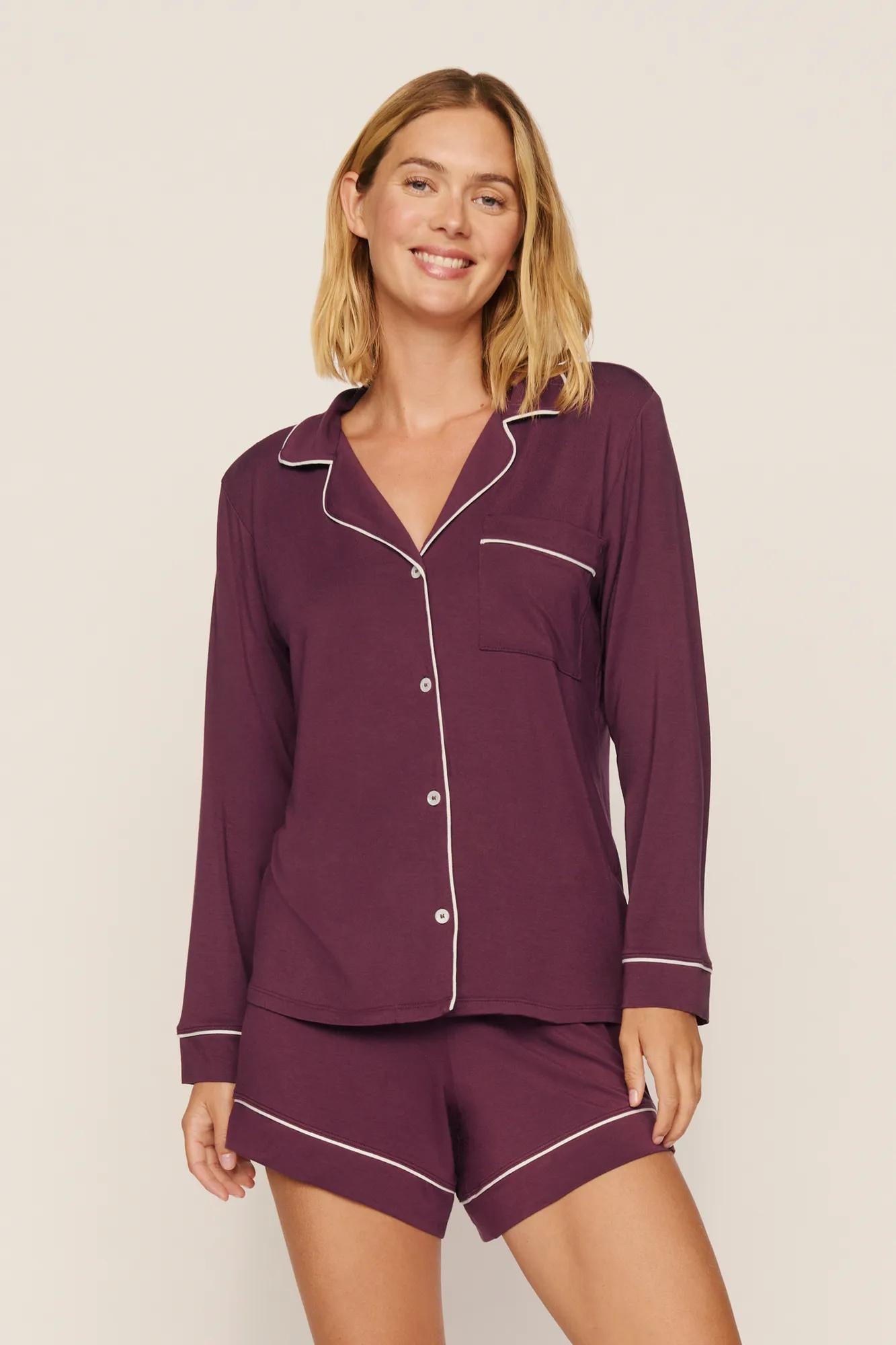 Model is wearing Gisele TENCEL™ Modal Long Sleeve Short PJ Set in Wildberry/Ivory