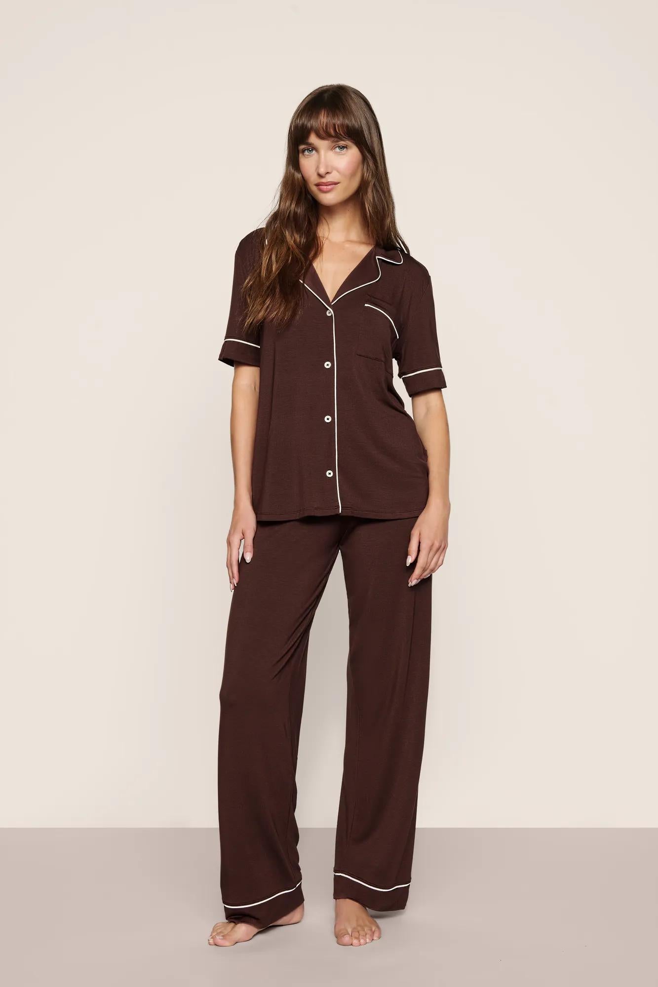 Model is wearing Gisele TENCEL™ Modal Short Sleeve & Pant PJ Set in Chocolate/Ivory