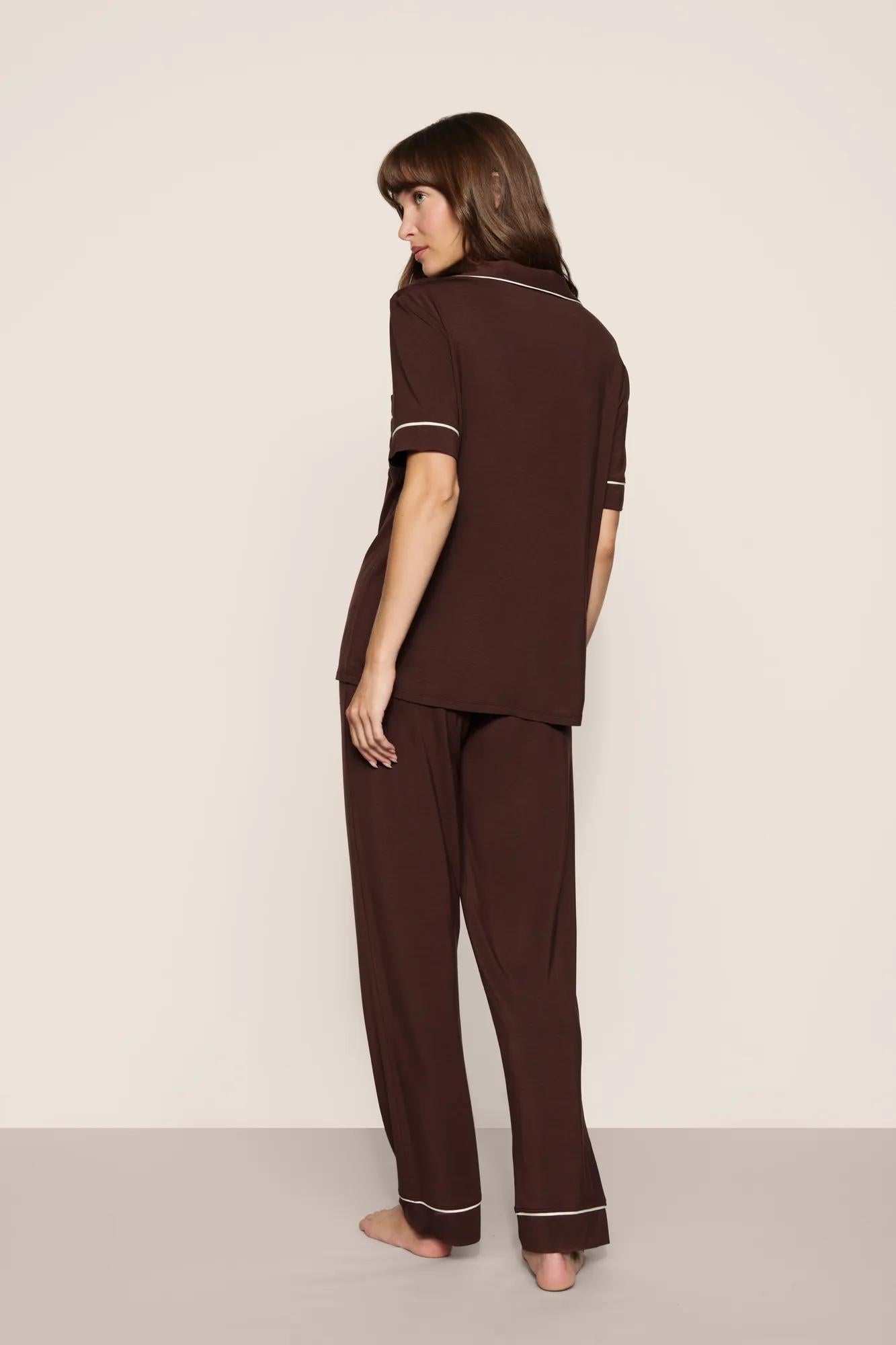 Model is wearing Gisele TENCEL™ Modal Short Sleeve & Pant PJ Set in Chocolate/Ivory