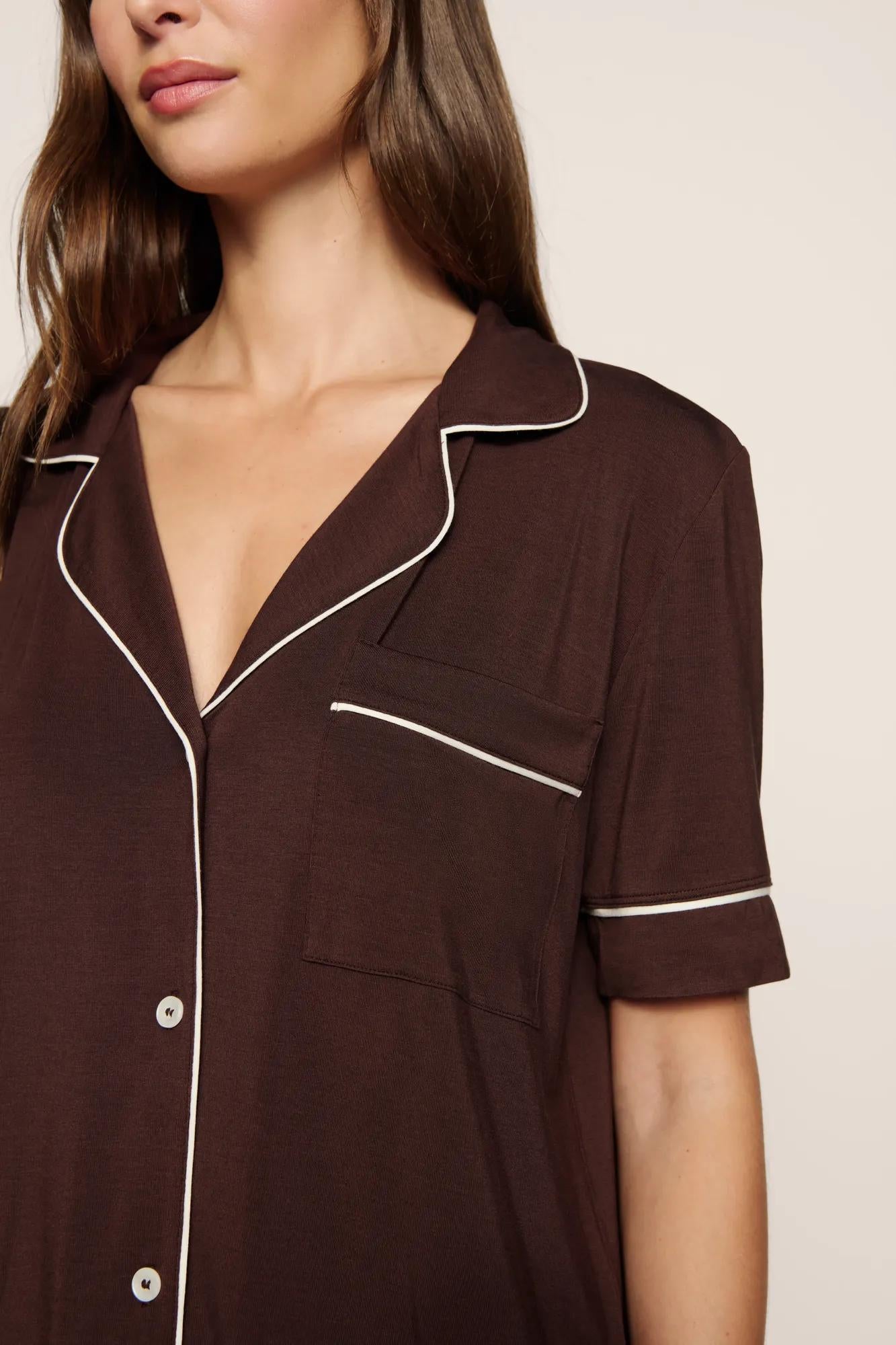 Model is wearing Gisele TENCEL™ Modal Relaxed Short PJ Set in Chocolate/Ivory