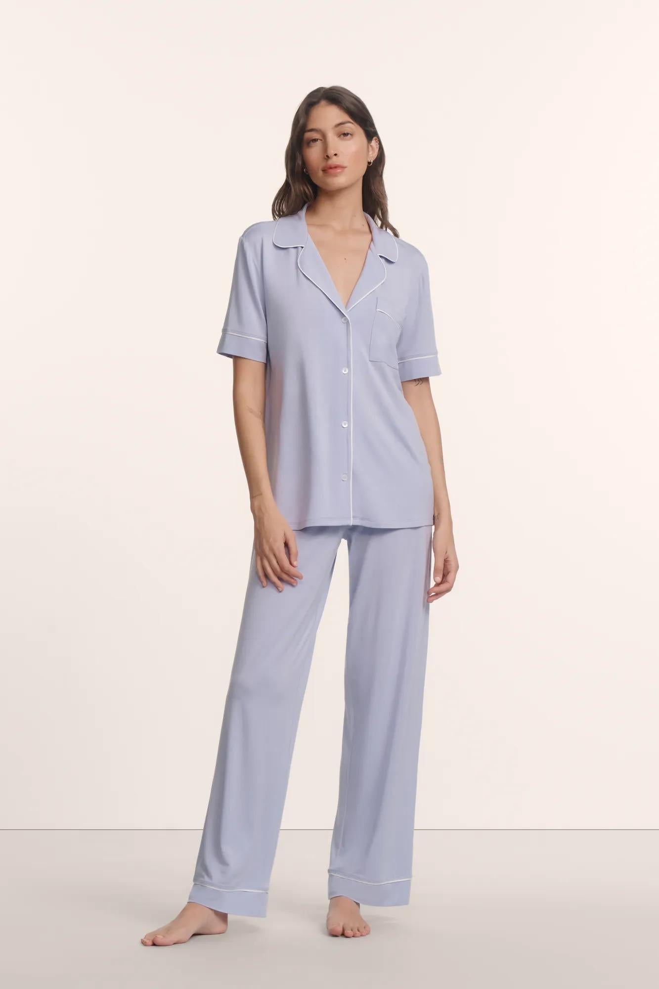 Model is wearing Gisele TENCEL™ Modal Short Sleeve & Pant PJ Set in Lavender Dusk/Ivory