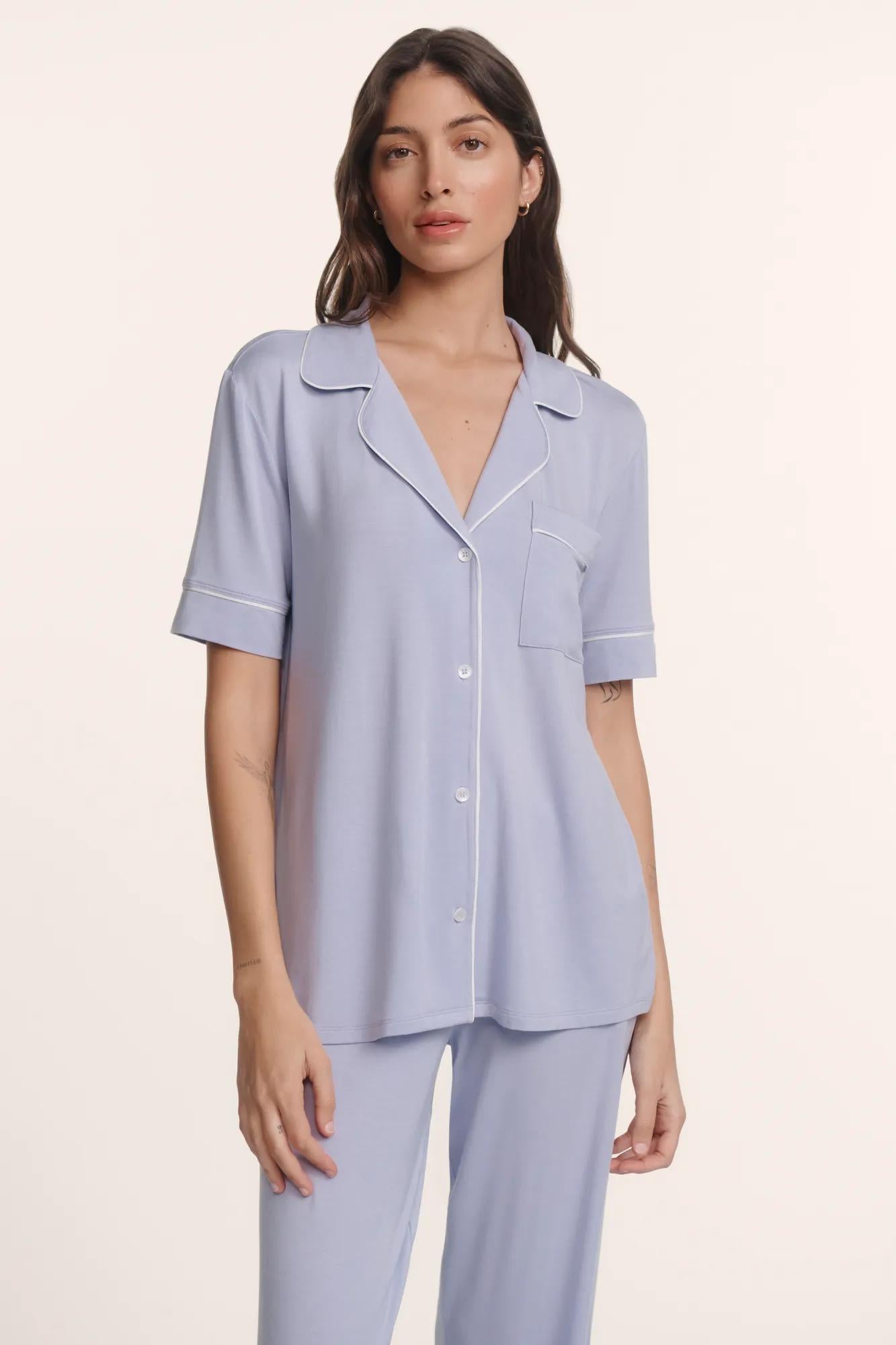 Model is wearing Gisele TENCEL™ Modal Short Sleeve & Pant PJ Set in Lavender Dusk/Ivory