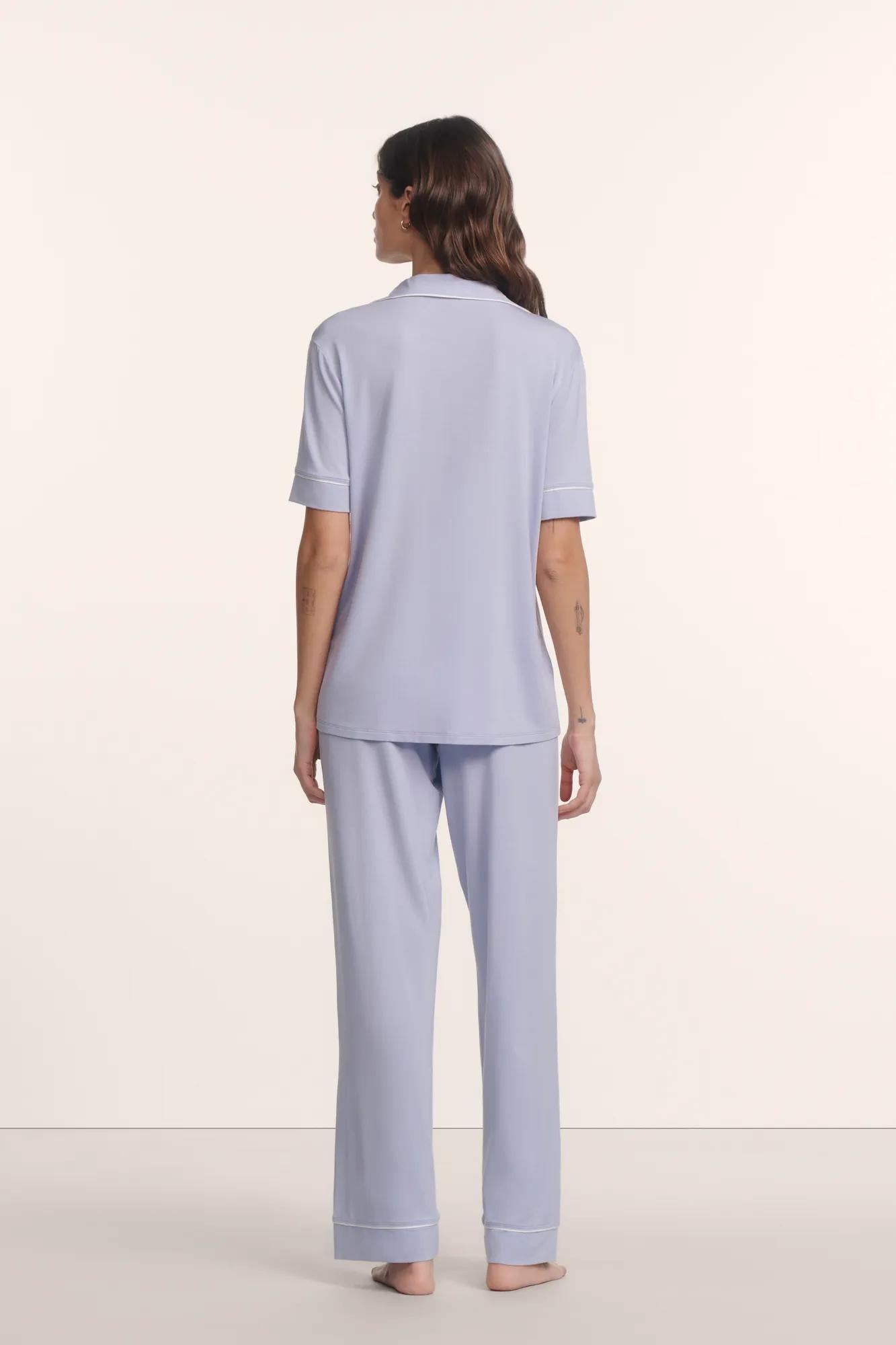 Model is wearing Gisele TENCEL™ Modal Short Sleeve & Pant PJ Set in Lavender Dusk/Ivory