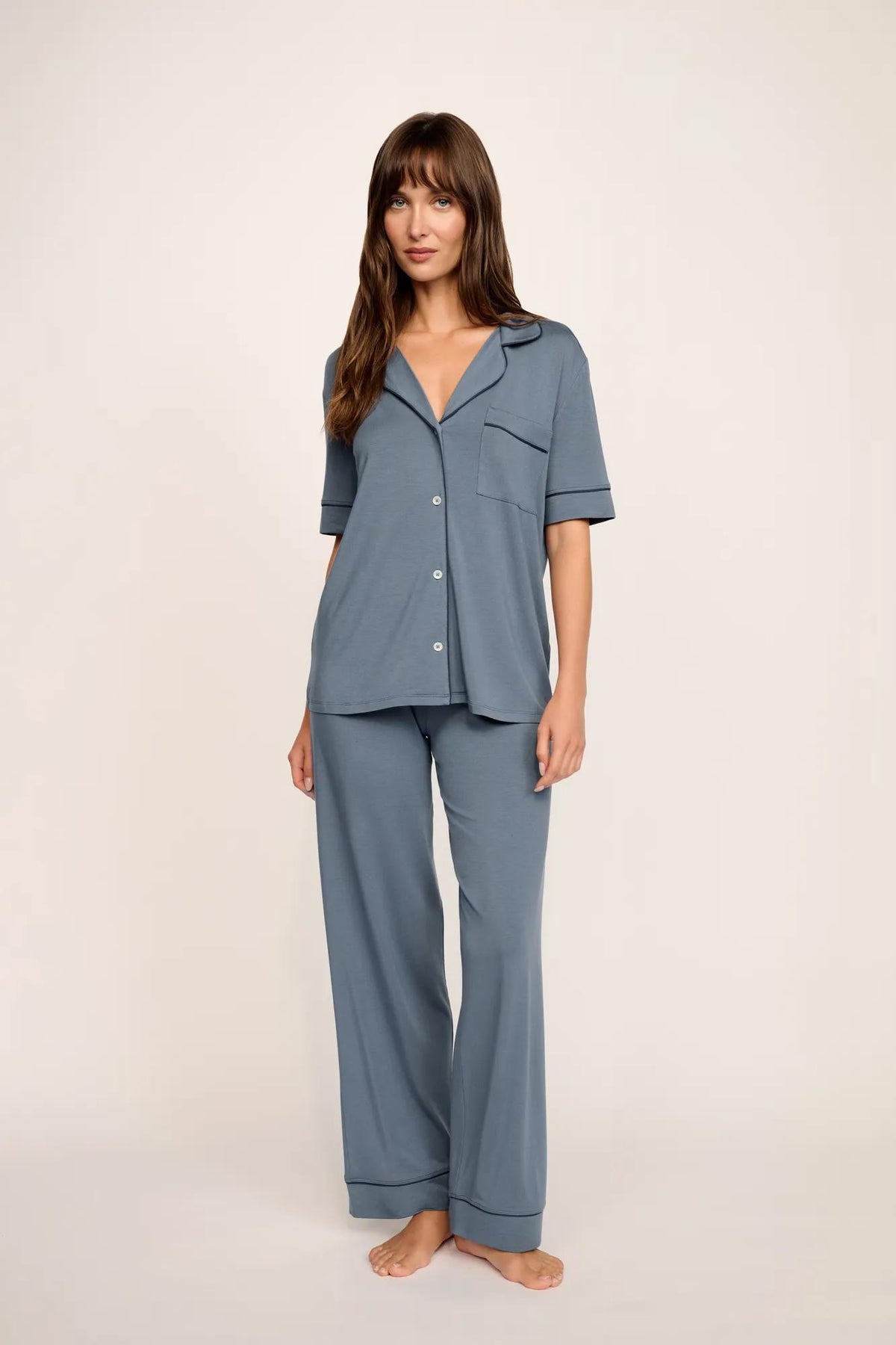 Model is wearing Gisele TENCEL™ Modal Short Sleeve &amp; Pant PJ Set in Moonlight Blue/Navy