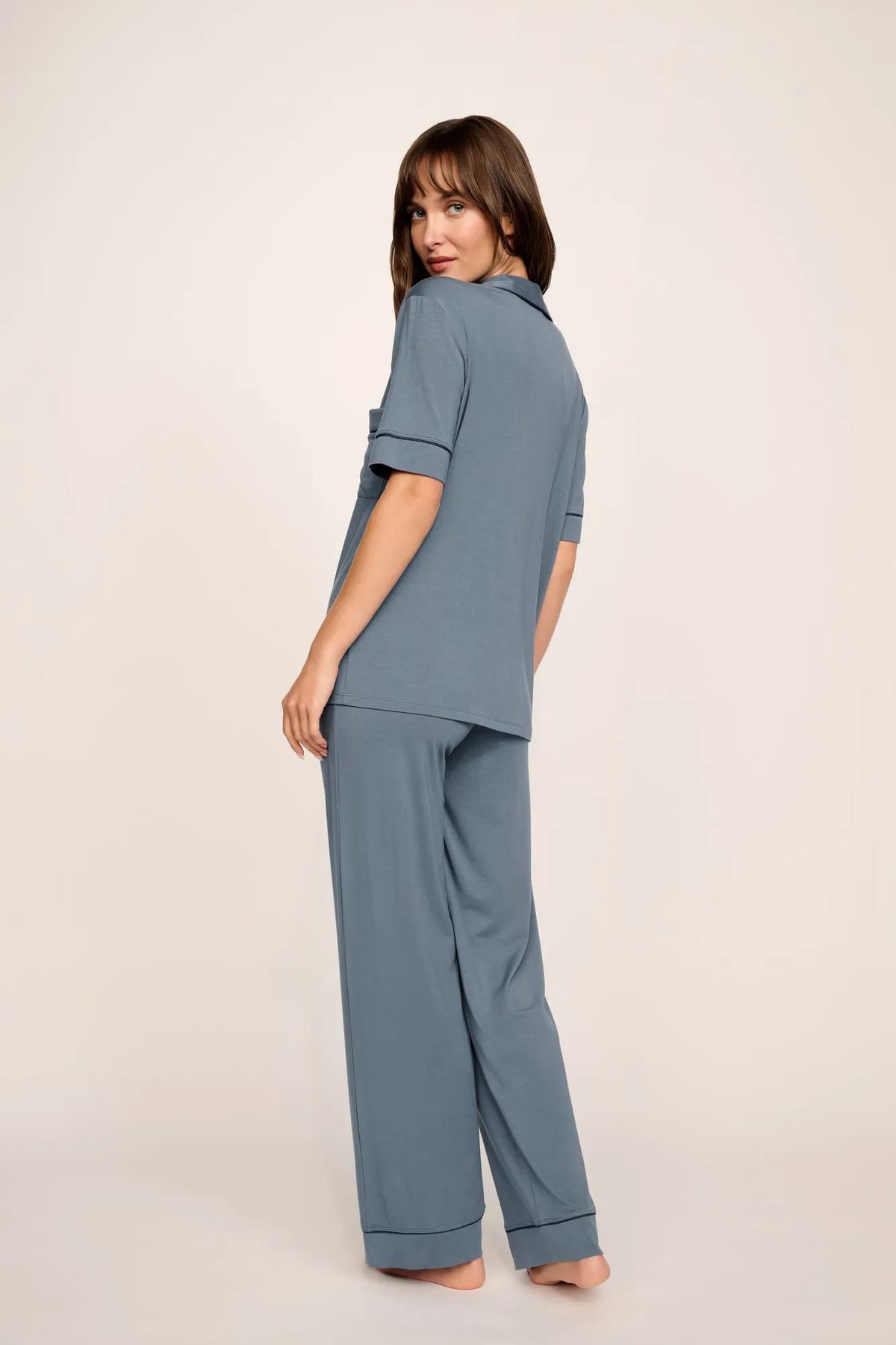 Model is wearing Gisele TENCEL™ Modal Short Sleeve &amp; Pant PJ Set in Moonlight Blue/Navy