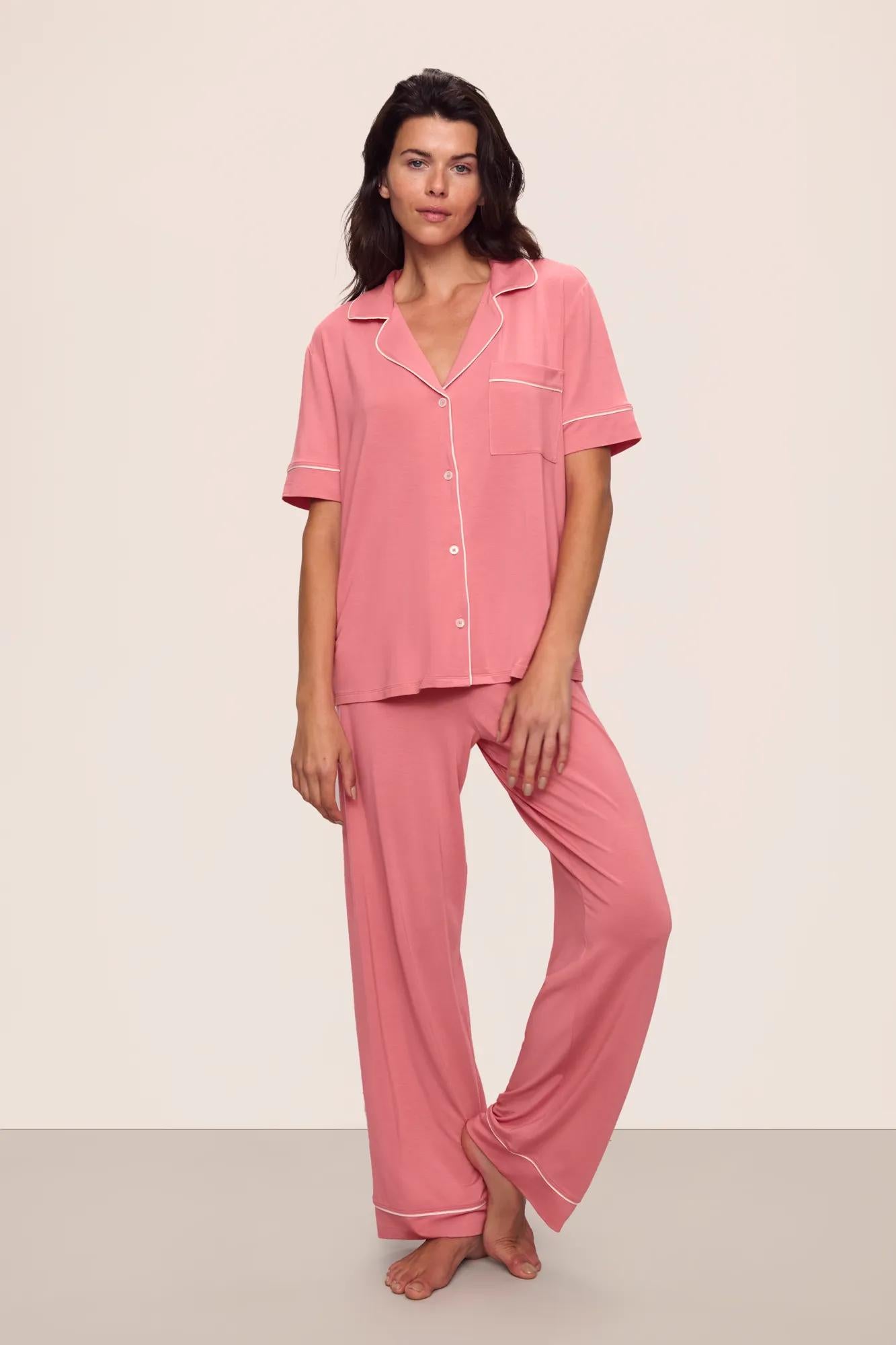 Model is wearing Gisele TENCEL™ Modal Short Sleeve & Pant PJ Set in  Sunkissed Coral/Ivory