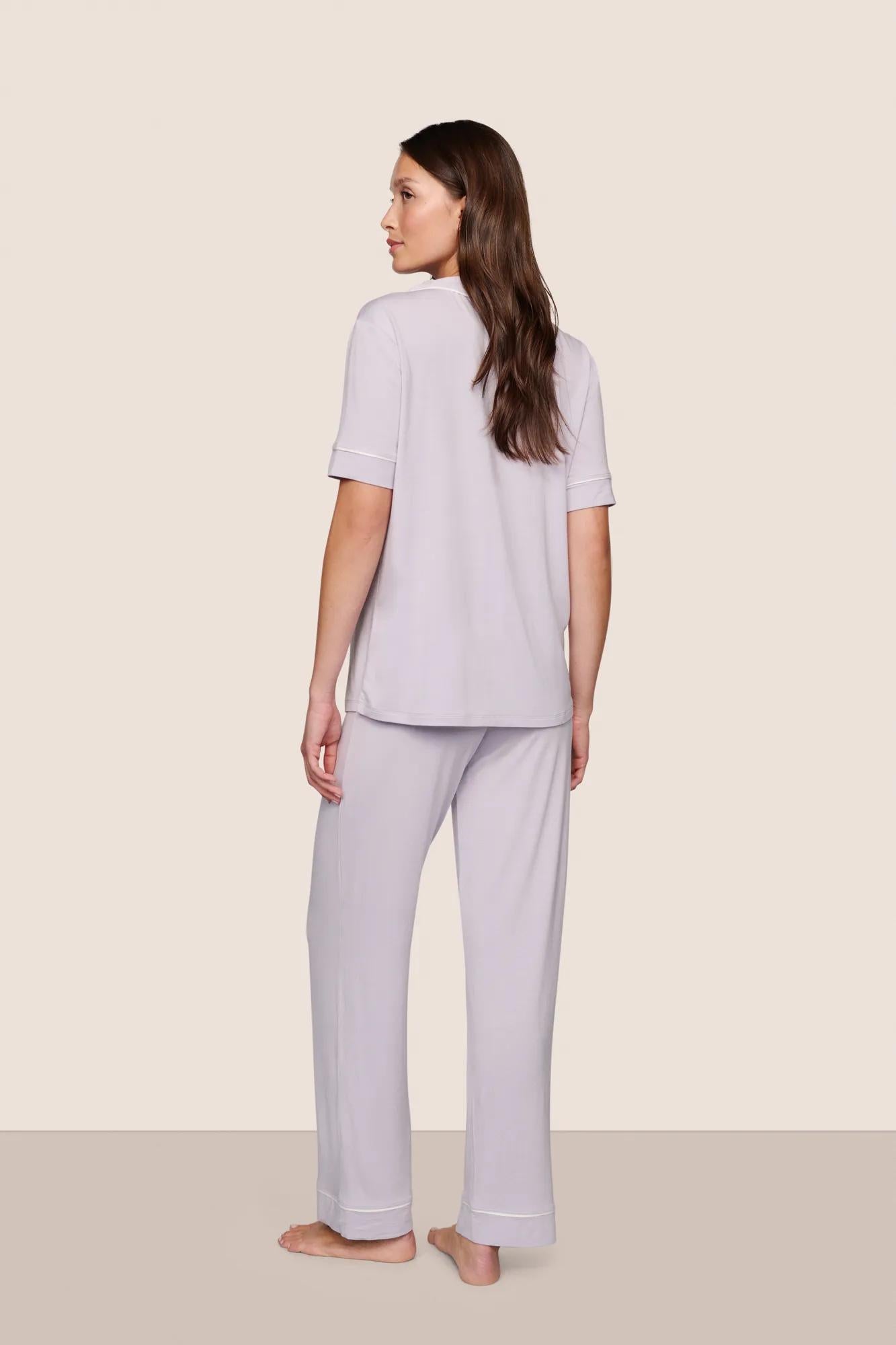 Model is wearing Gisele TENCEL™ Modal Short Sleeve & Pant PJ Set  in Thistle/Ivory