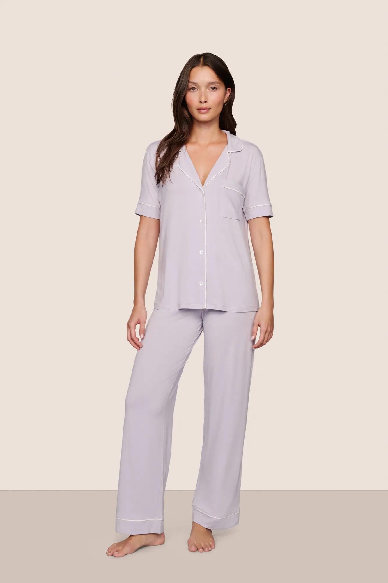 Model is wearing Gisele TENCEL™ Modal Short Sleeve & Pant PJ Set  in Thistle/Ivory