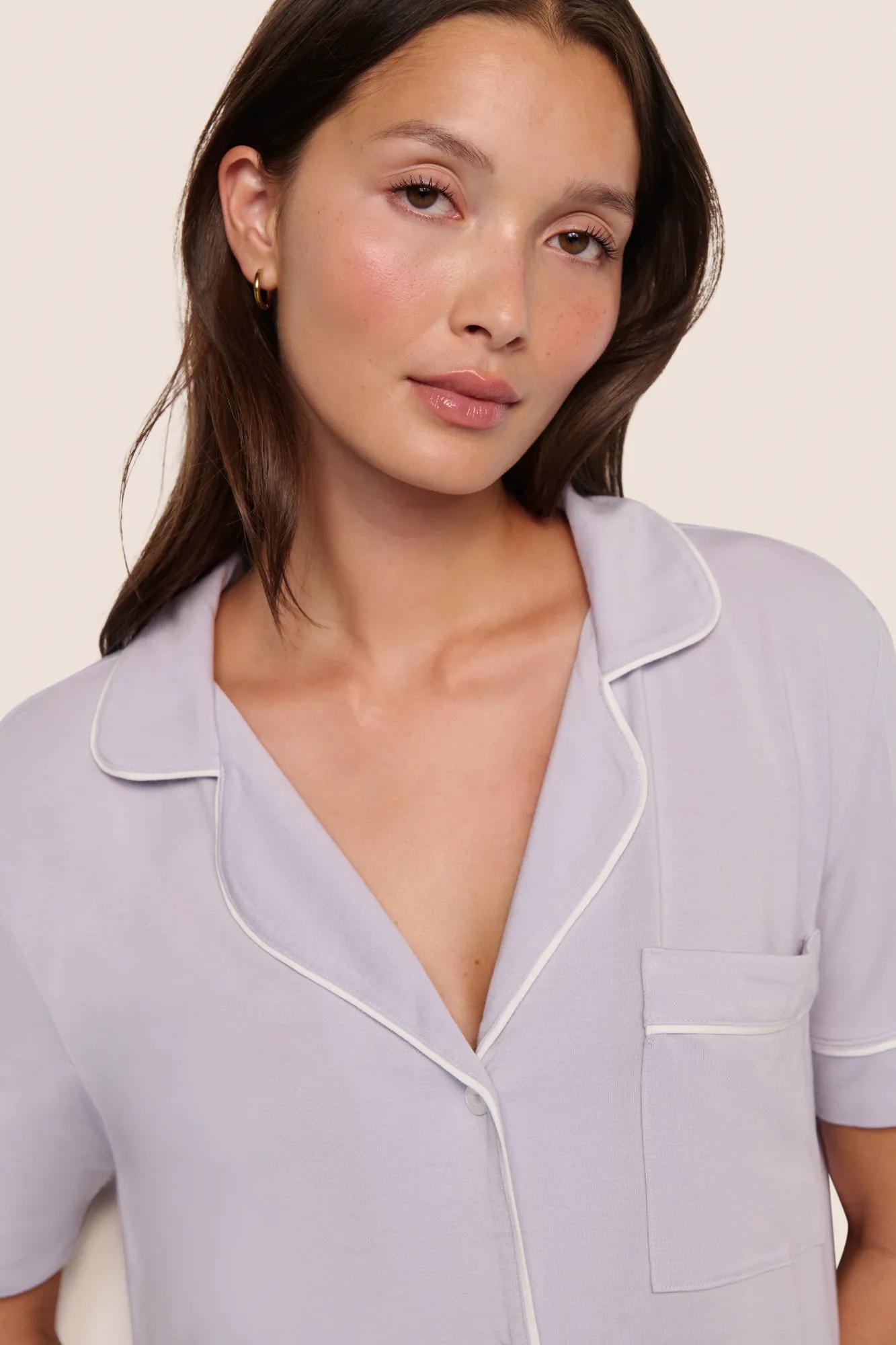 Model is wearing Gisele TENCEL™ Modal Short Sleeve & Pant PJ Set  in Thistle/Ivory