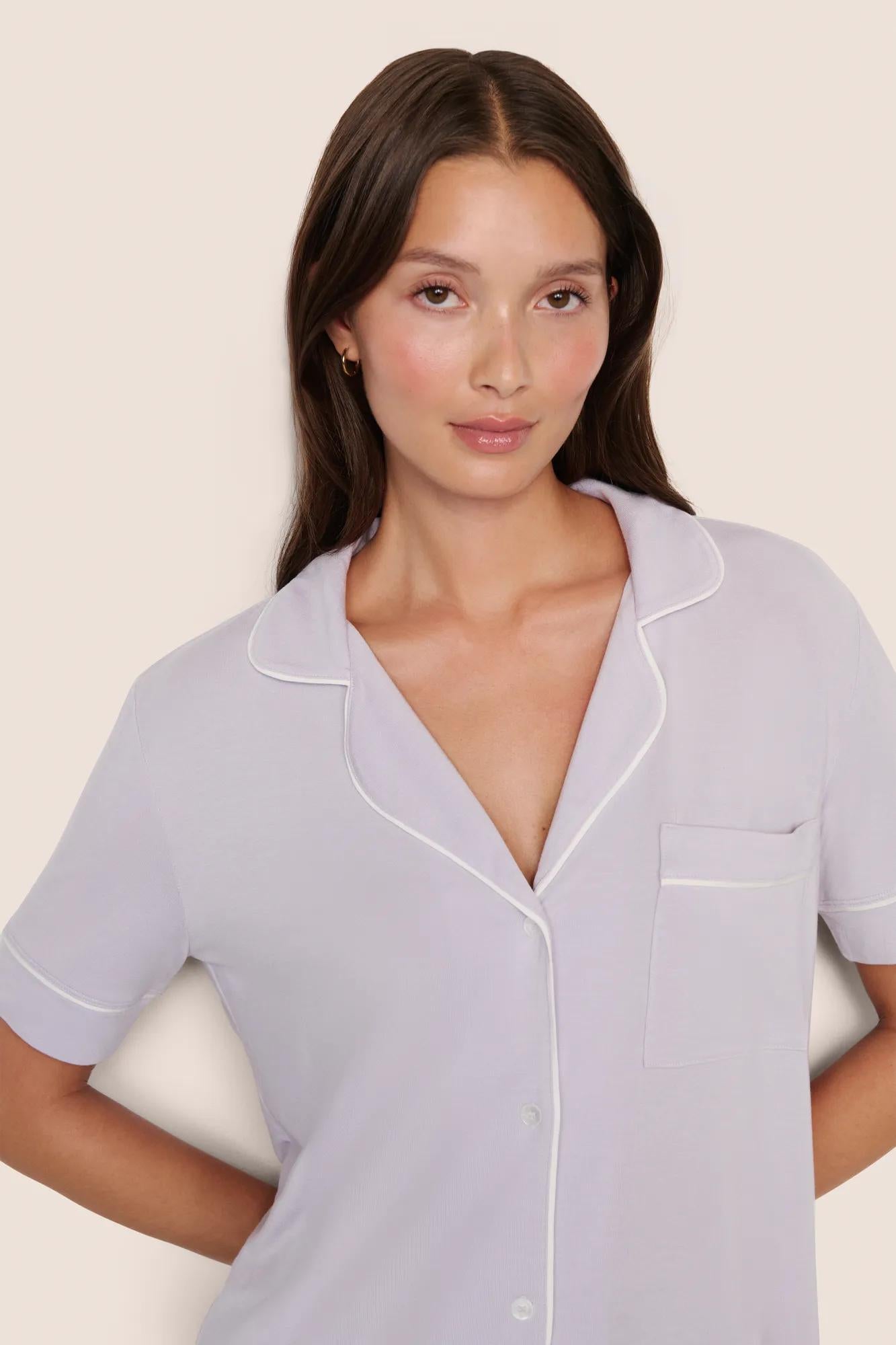 Model is wearing Gisele TENCEL™ Modal Short Sleeve & Pant PJ Set  in Thistle/Ivory