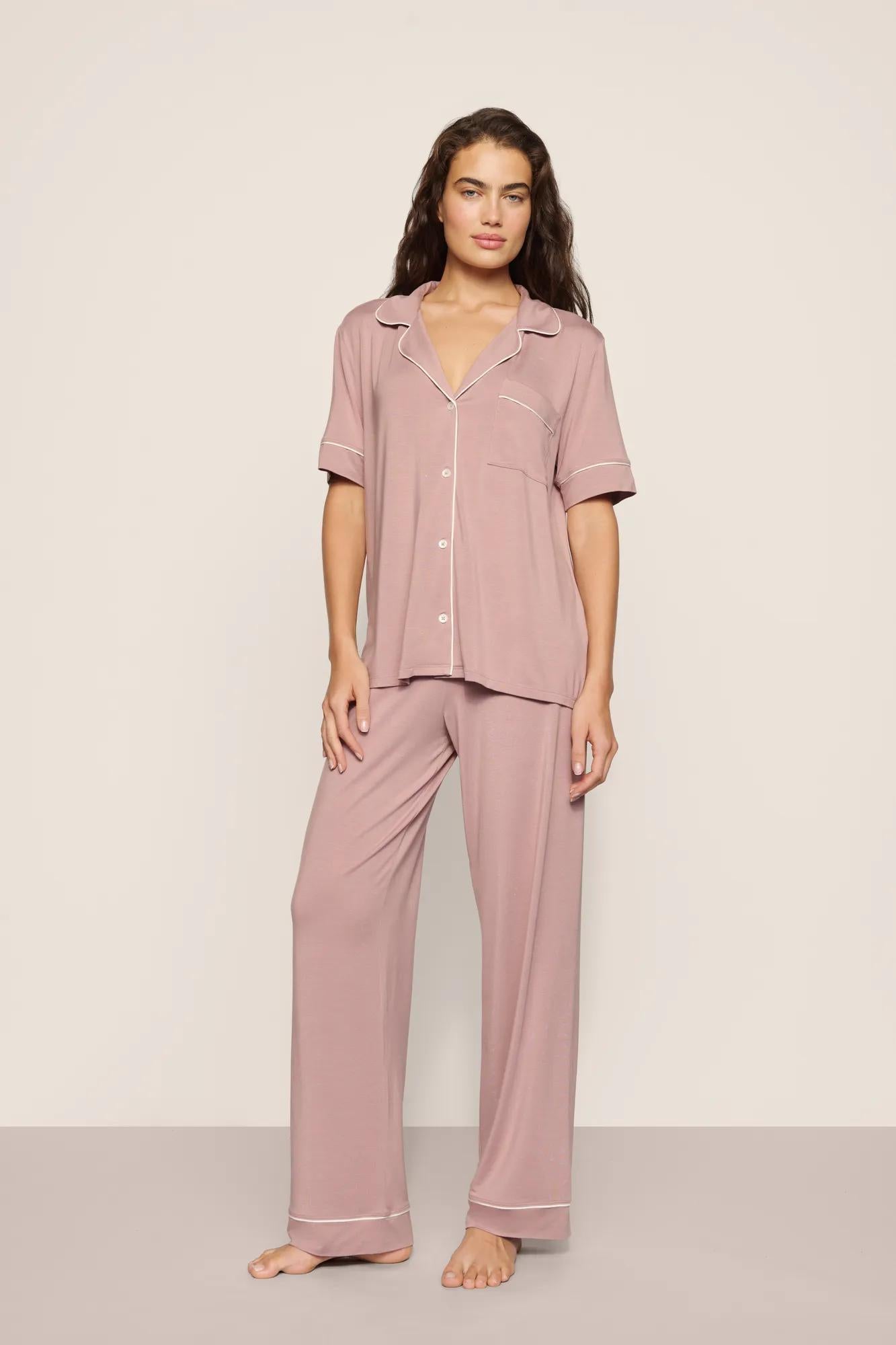 Model is wearing Gisele TENCEL™ Modal Short Sleeve & Pant PJ Set in Woodrose/Ivory