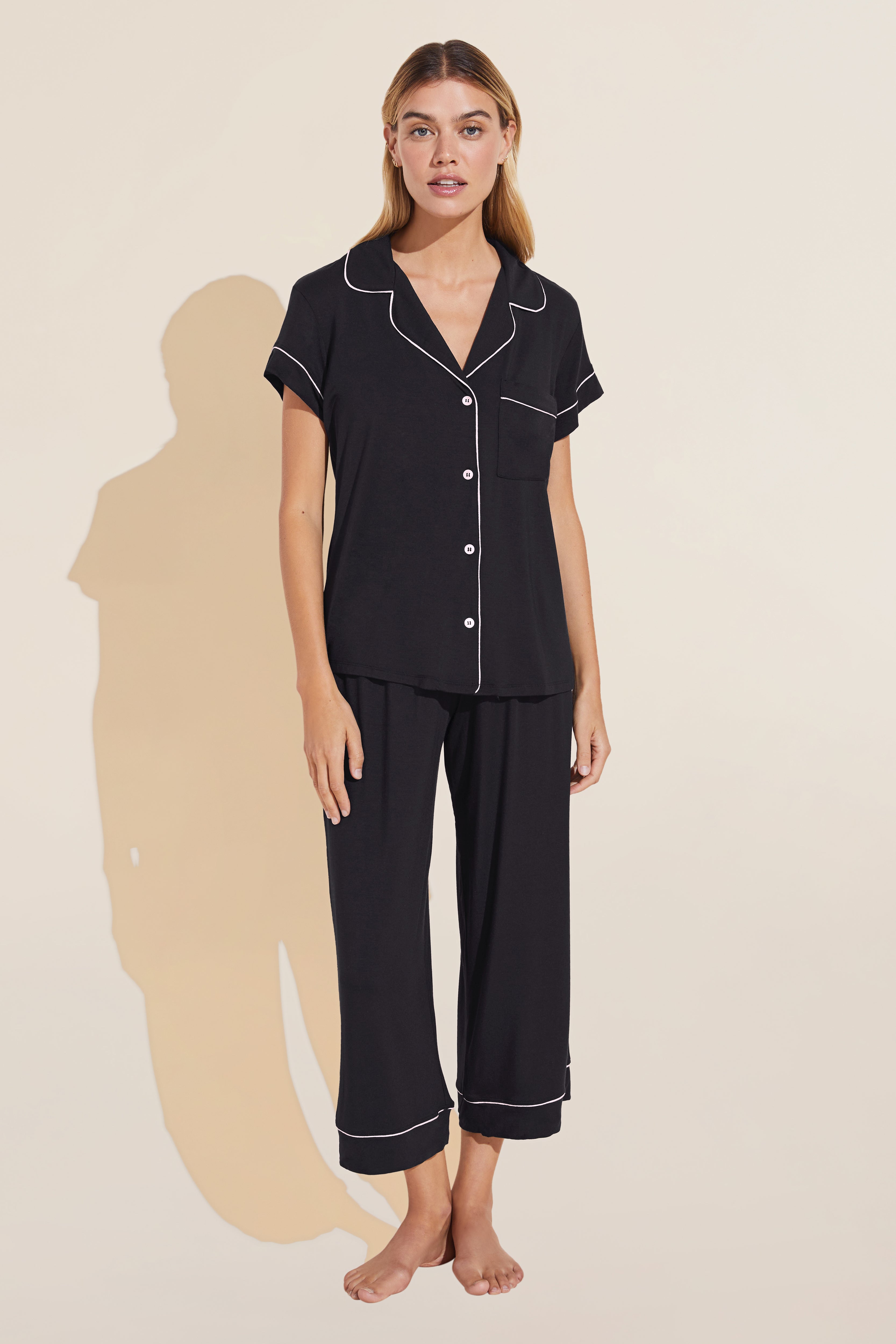 Gisele TENCEL™ Modal Short Sleeve & Pant PJ Set - Black/Sorbet Pink -  Eberjey