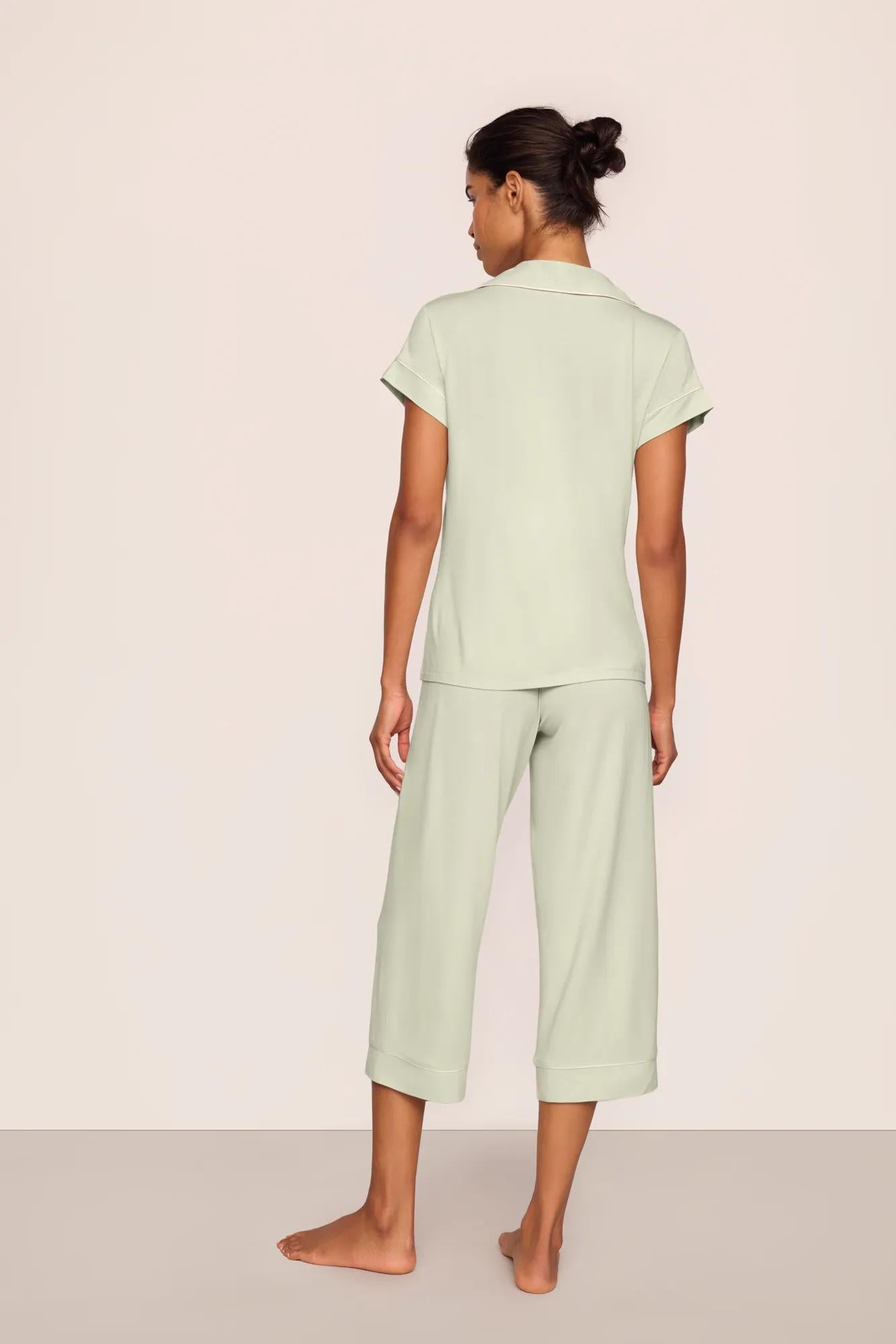 Model is wearing Gisele TENCEL™ Modal Short Sleeve Cropped PJ Set  in Mint Cream/Ivory