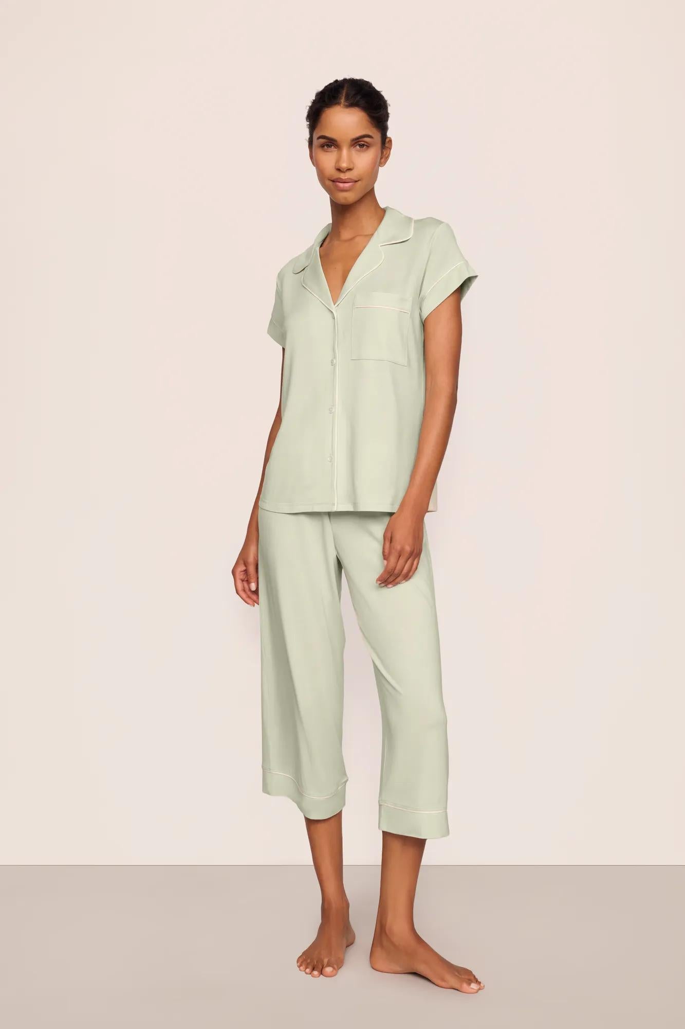 Model is wearing Gisele TENCEL™ Modal Short Sleeve Cropped PJ Set  in Mint Cream/Ivory