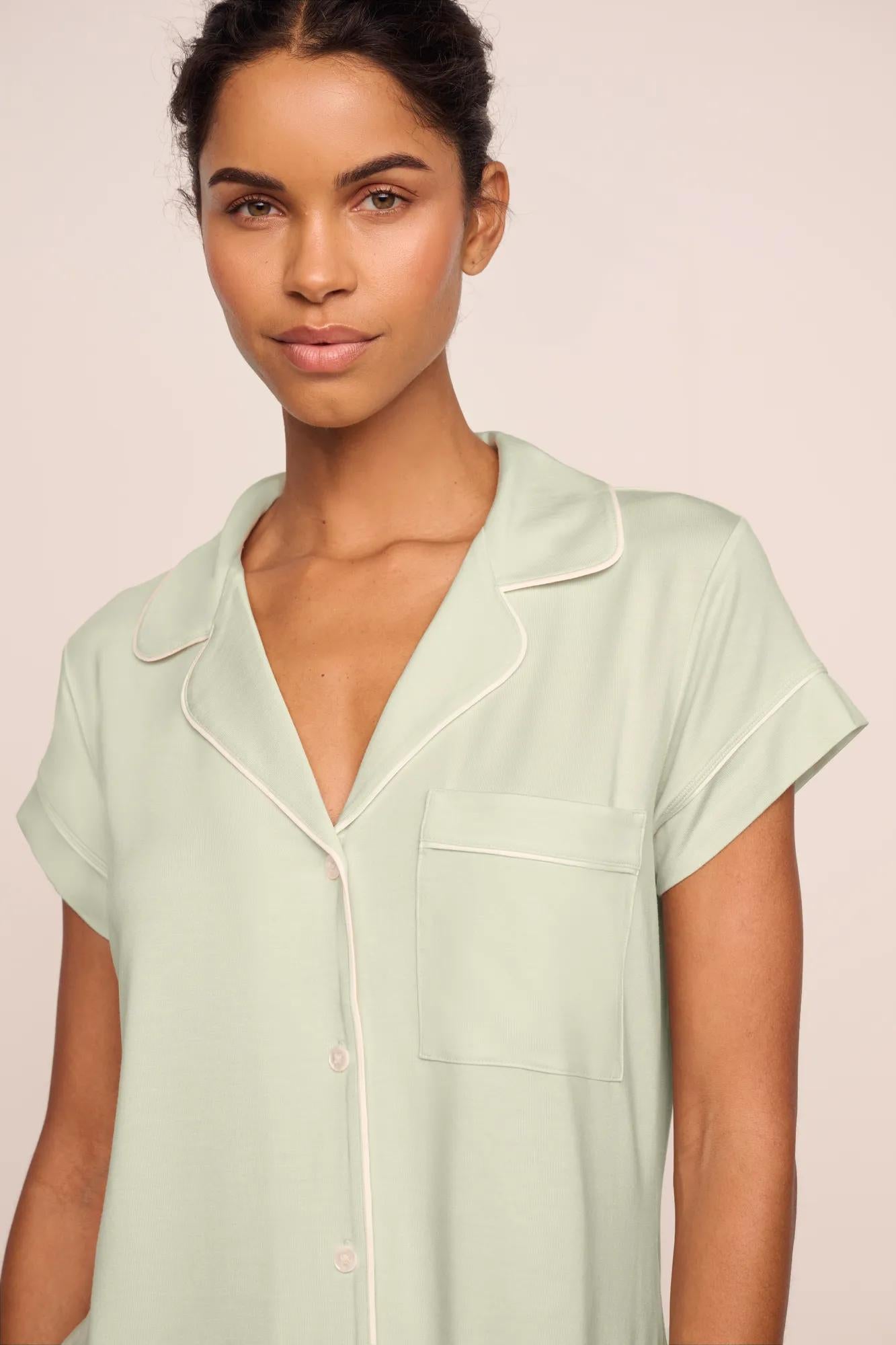 Model is wearing Gisele TENCEL™ Modal Short Sleeve Cropped PJ Set  in Mint Cream/Ivory