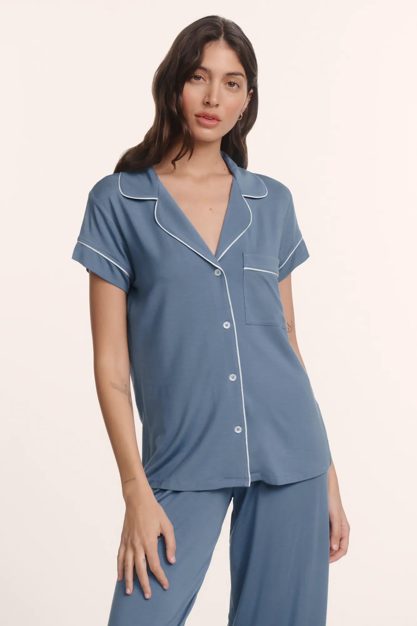 Model is wearing Gisele TENCEL™ Modal Short Sleeve Cropped PJ Set in Slate Blue/Ivory