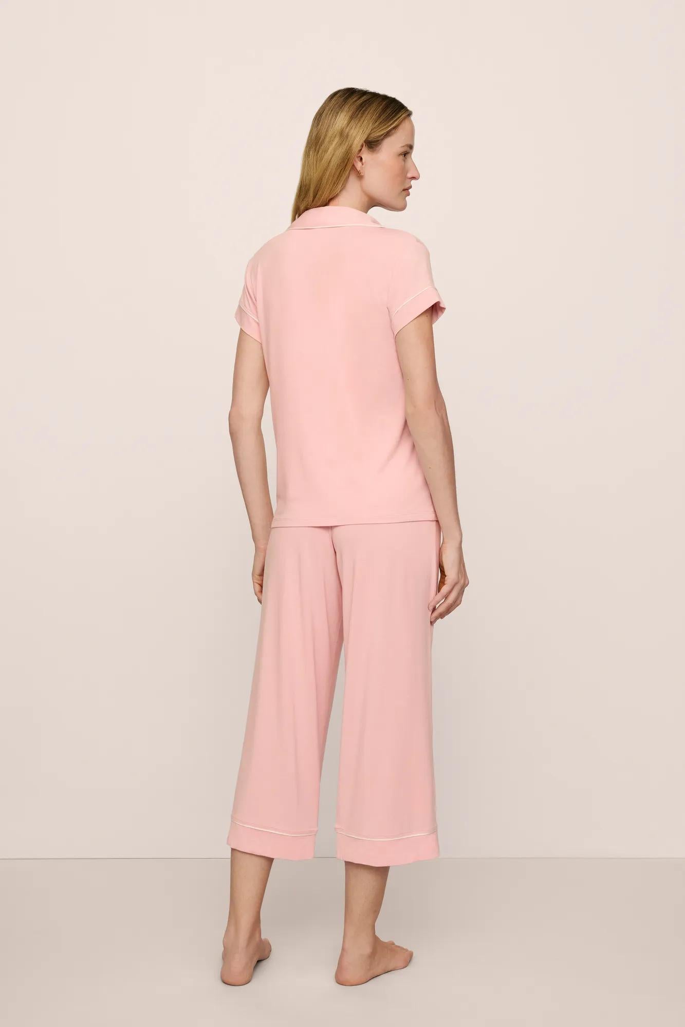 Model is wearing Gisele TENCEL™ Modal Short Sleeve Cropped PJ Set in  Silver Pink/Ivory