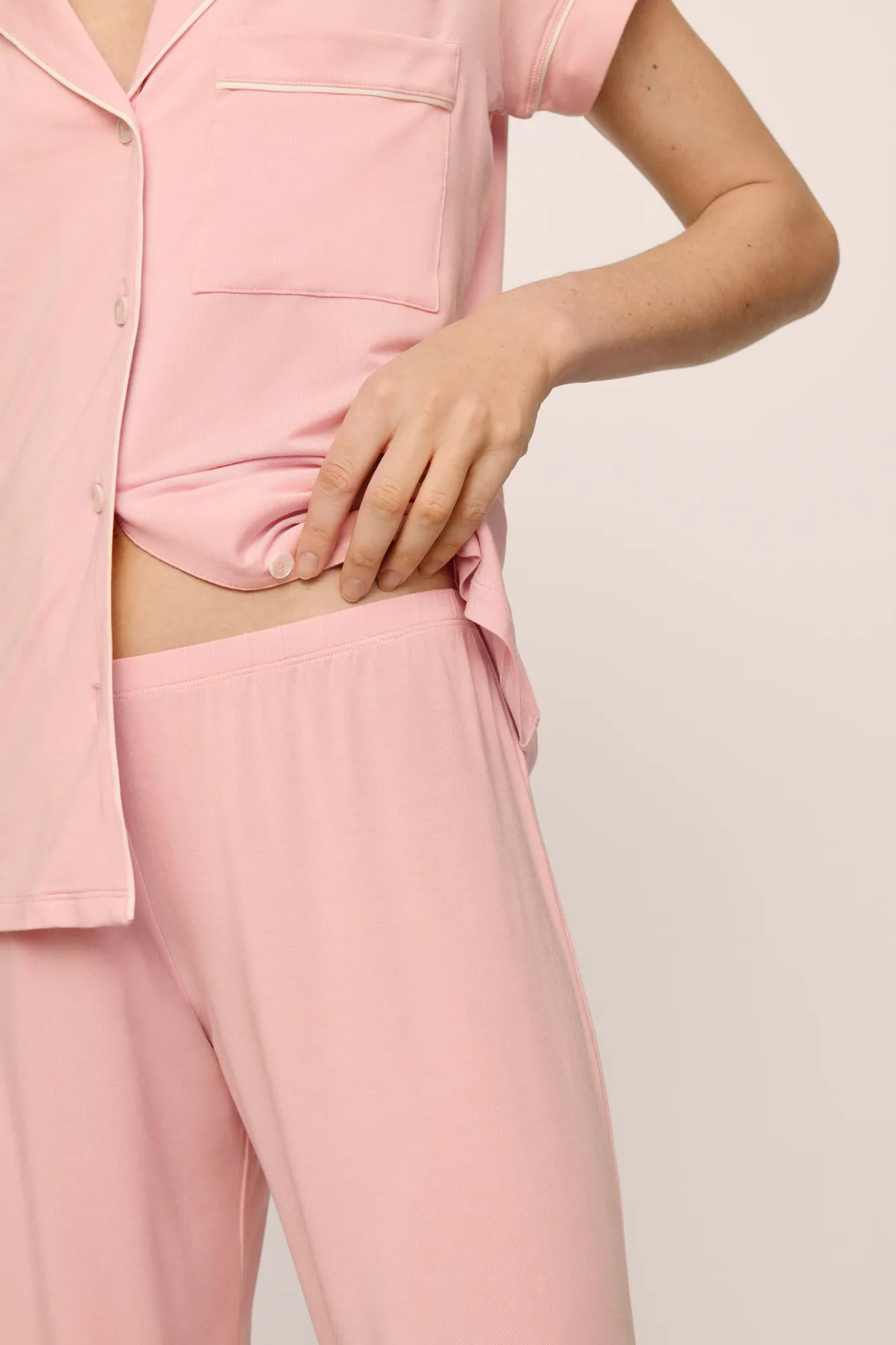 Model is wearing Gisele TENCEL™ Modal Short Sleeve Cropped PJ Set in  Silver Pink/Ivory