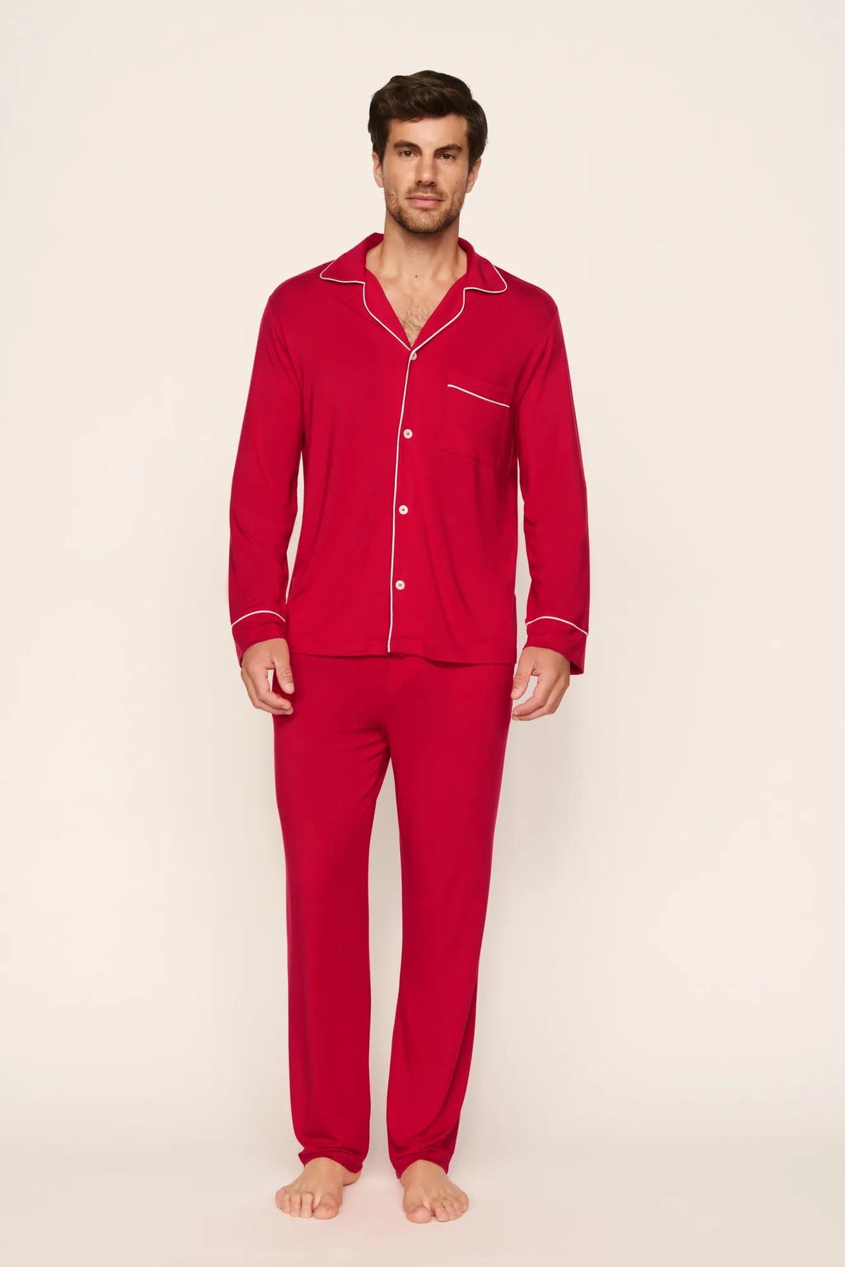 Model is wearing William TENCEL™ Modal Long PJ Set in Holly Red/Ivory