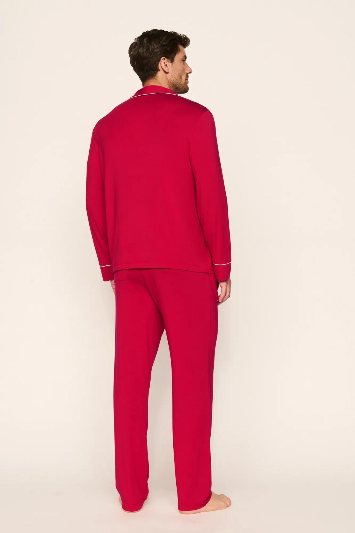 Model is wearing William TENCEL™ Modal Long PJ Set in Holly Red/Ivory