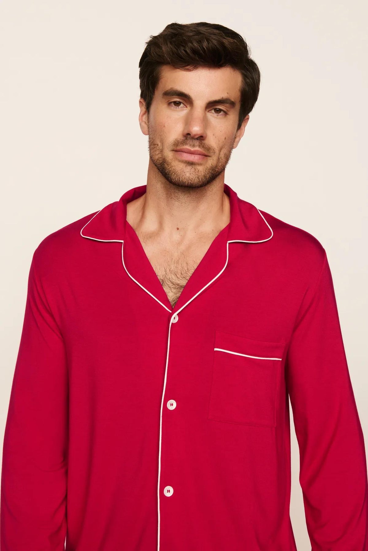 Model is wearing William TENCEL™ Modal Long PJ Set in Holly Red/Ivory