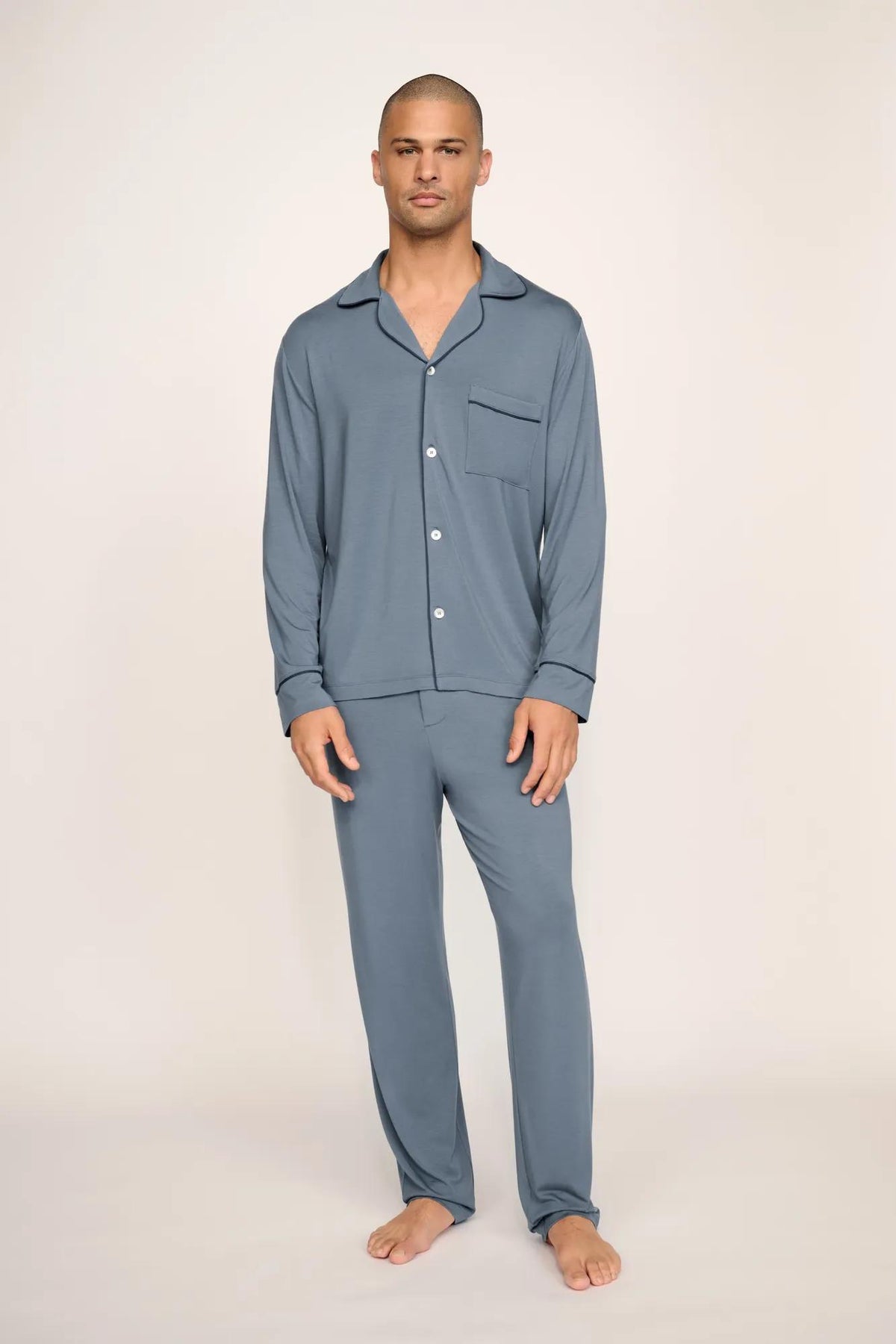 Model is wearing William TENCEL™ Modal Long PJ Set in Moonlight Blue/Navy