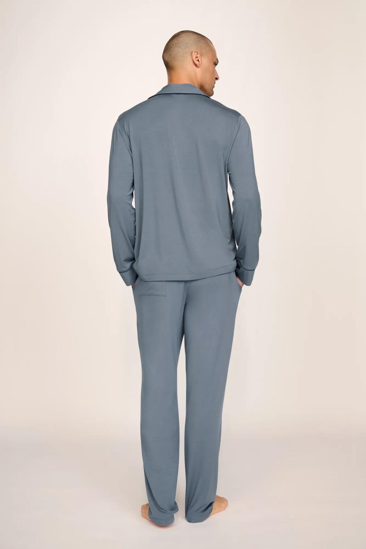 Model is wearing William TENCEL™ Modal Long PJ Set in Moonlight Blue/Navy