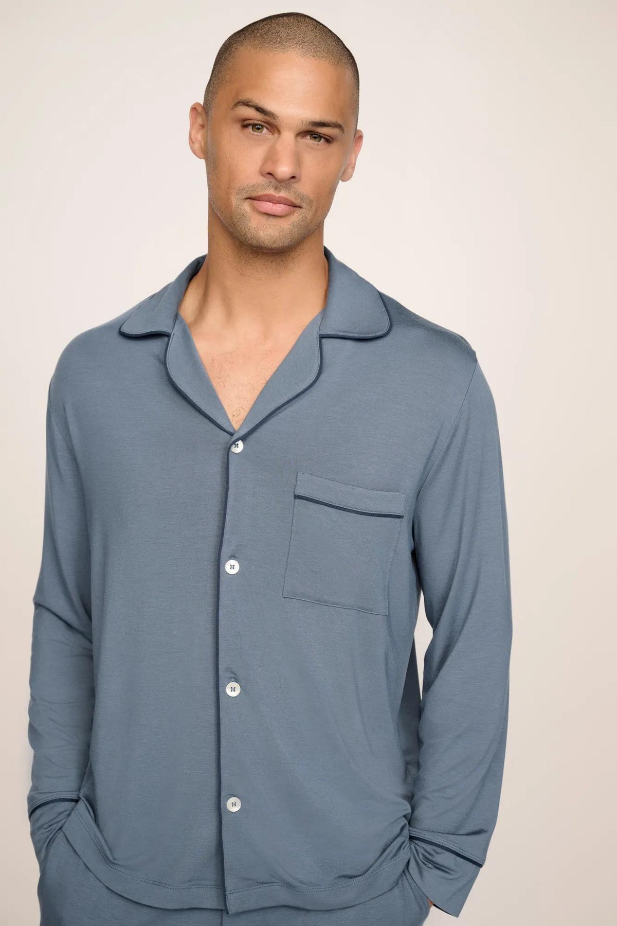 Model is wearing William TENCEL™ Modal Long PJ Set in Moonlight Blue/Navy