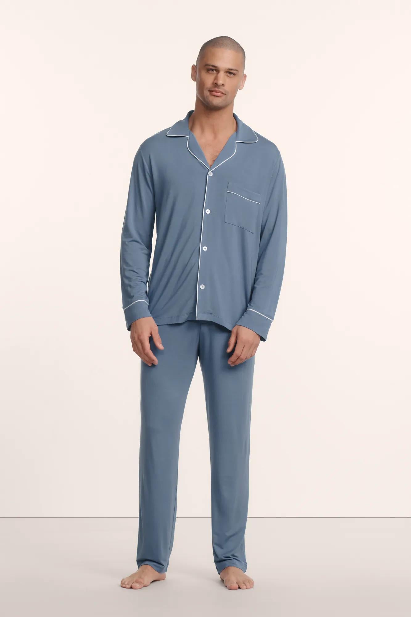 Model is wearing William TENCEL™ Modal Long PJ Set in Slate Blue/Ivory